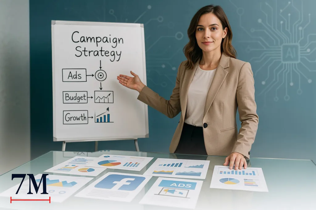 Businesswoman presenting Facebook ads campaign strategy in a creative office with digital analytics and AI elements.