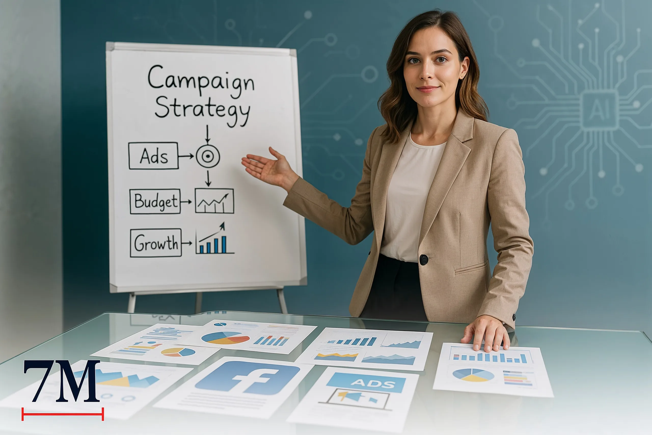 Businesswoman presenting Facebook ads campaign strategy in a creative office with digital analytics and AI elements.