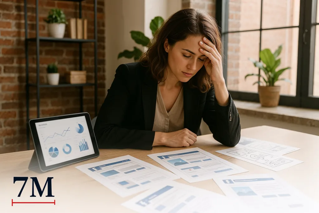 Frustrated businesswoman analyzing Facebook ad mockups and analytics at a creative marketing workspace.