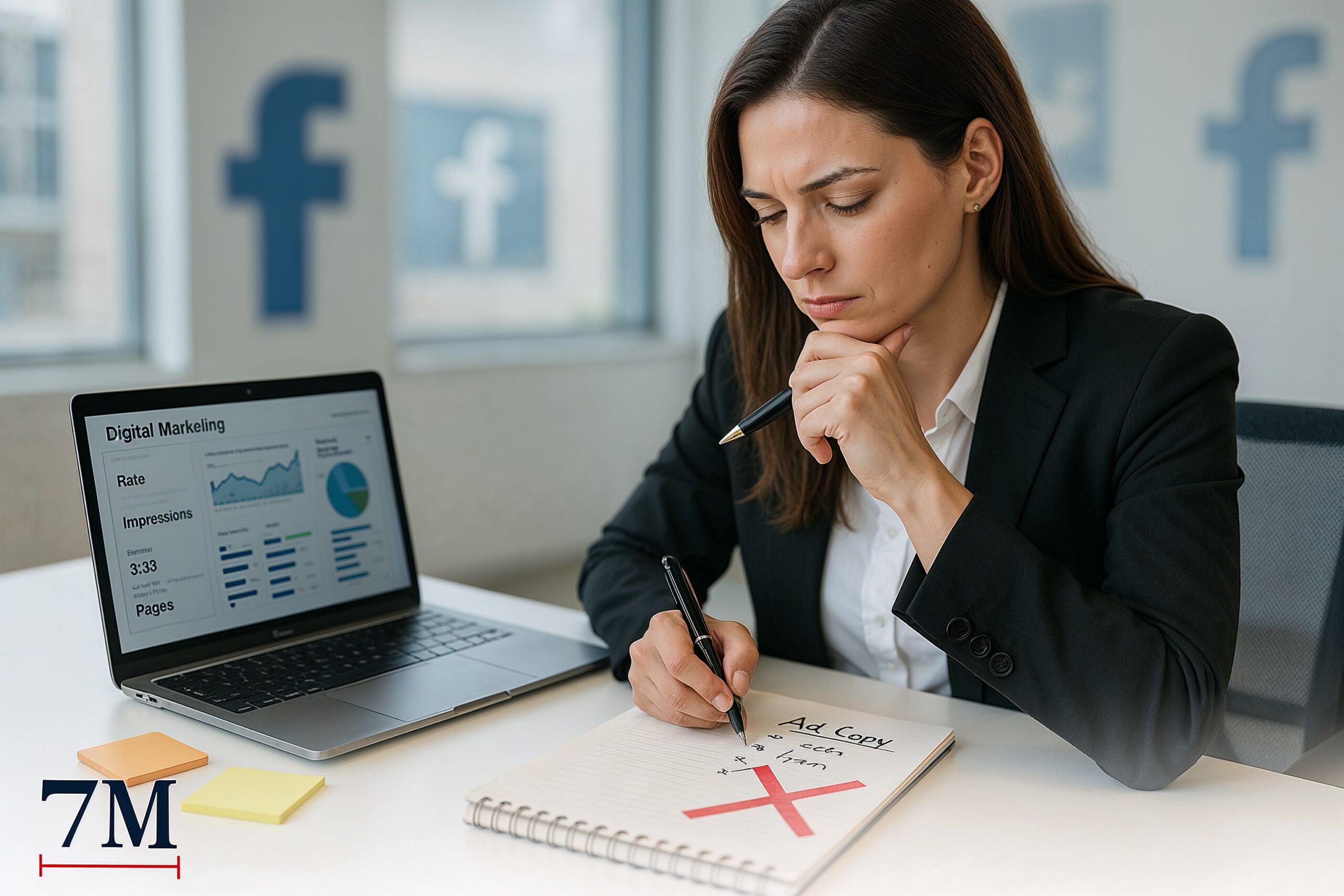 Businesswoman reviewing a list of restricted words for Facebook ads at a modern workspace