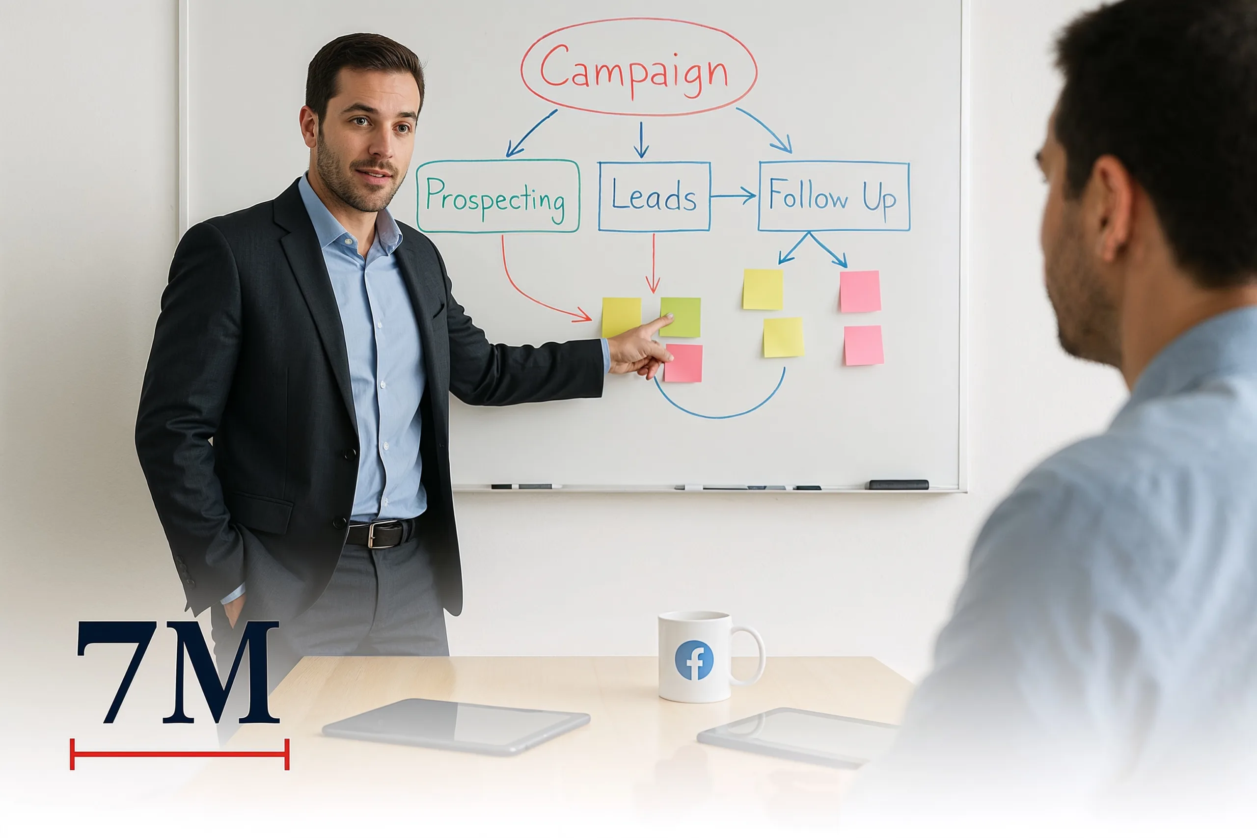 Marketing strategist in business attire presents Facebook ad campaign structure on a whiteboard to a colleague in a creative workspace.