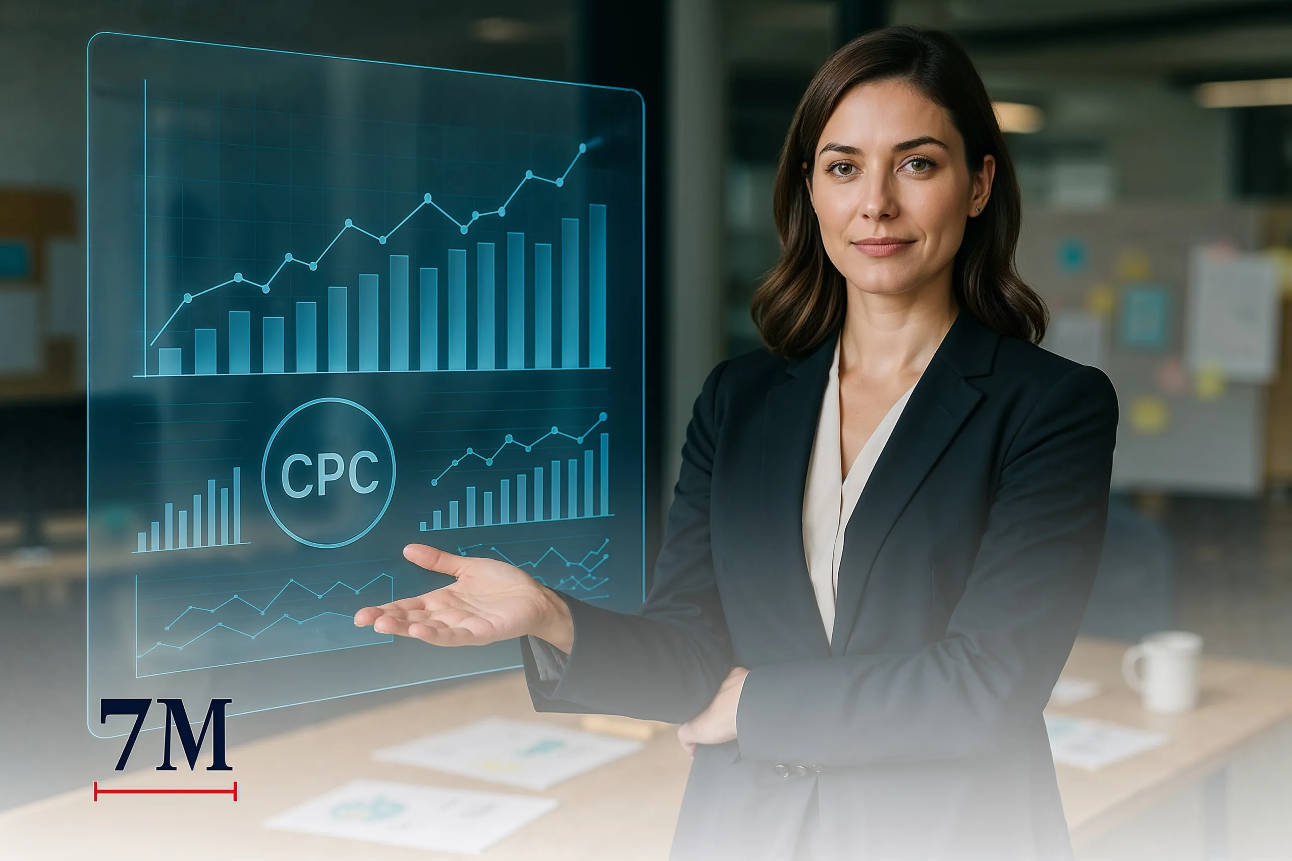 Businesswoman explaining CPC using digital analytics in a modern office workspace