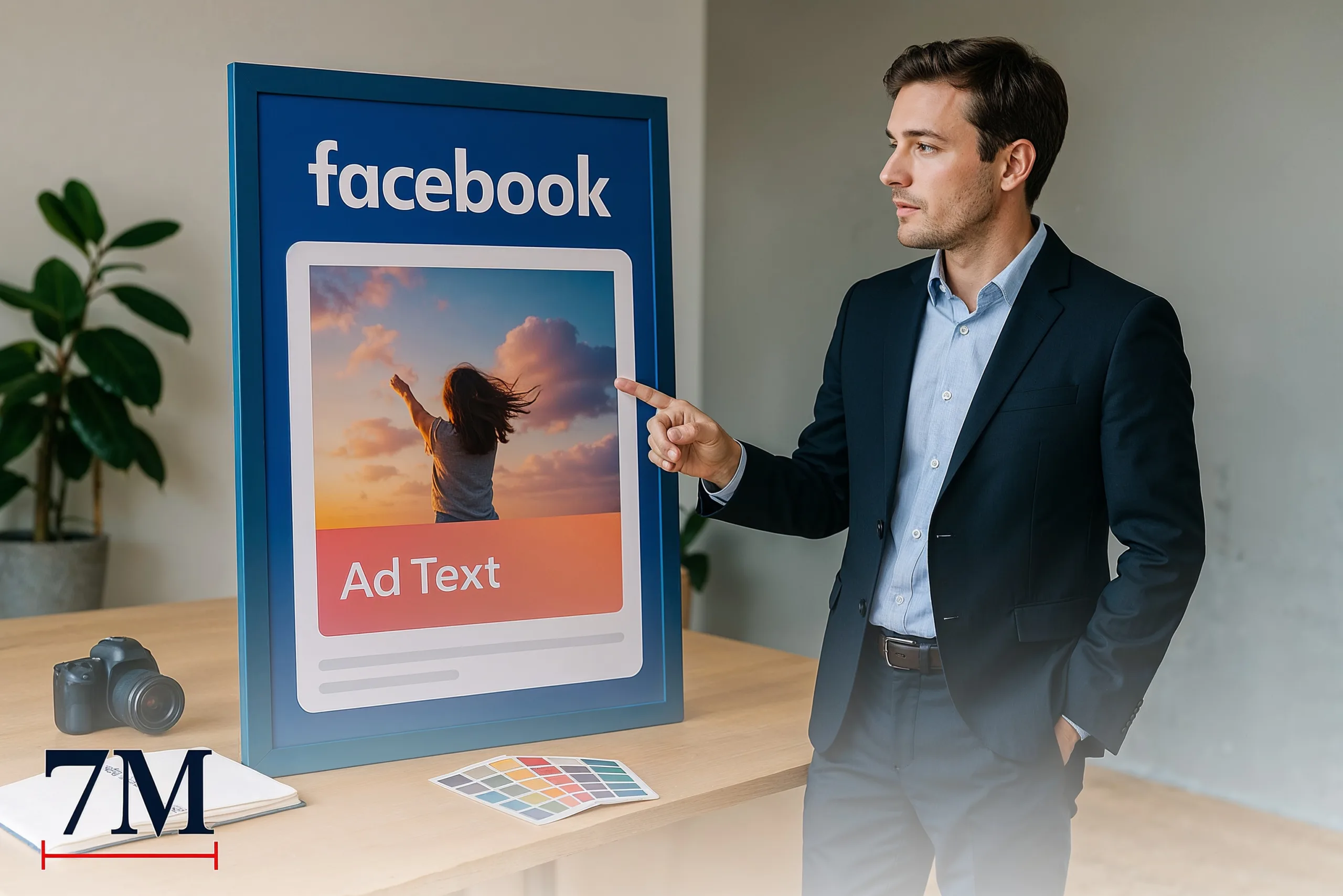 Business professional analyzing a Facebook ad with minimal text in a creative workspace