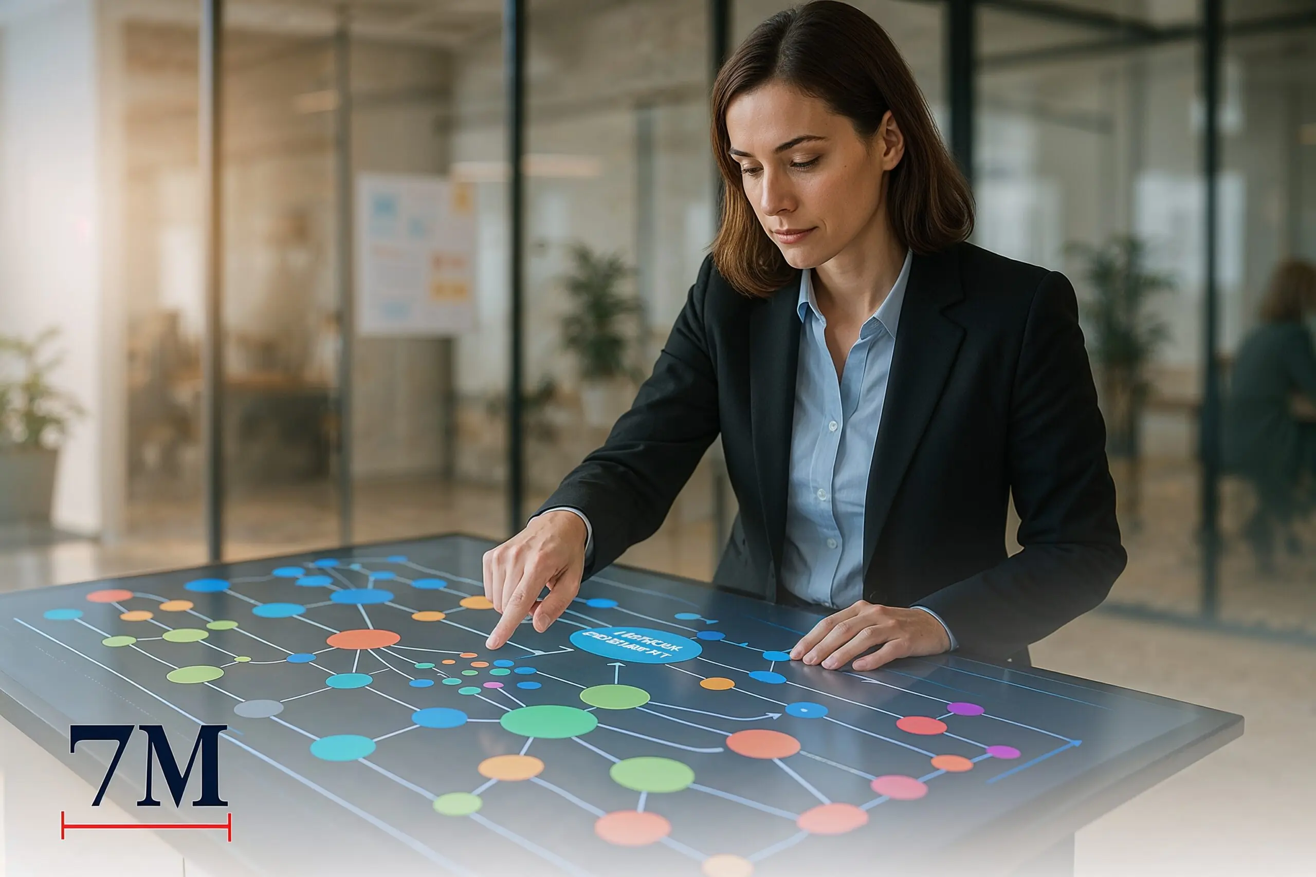 A marketing strategist in business attire interacts with a digital flowchart table in a modern office, illustrating marketing attribution accuracy.