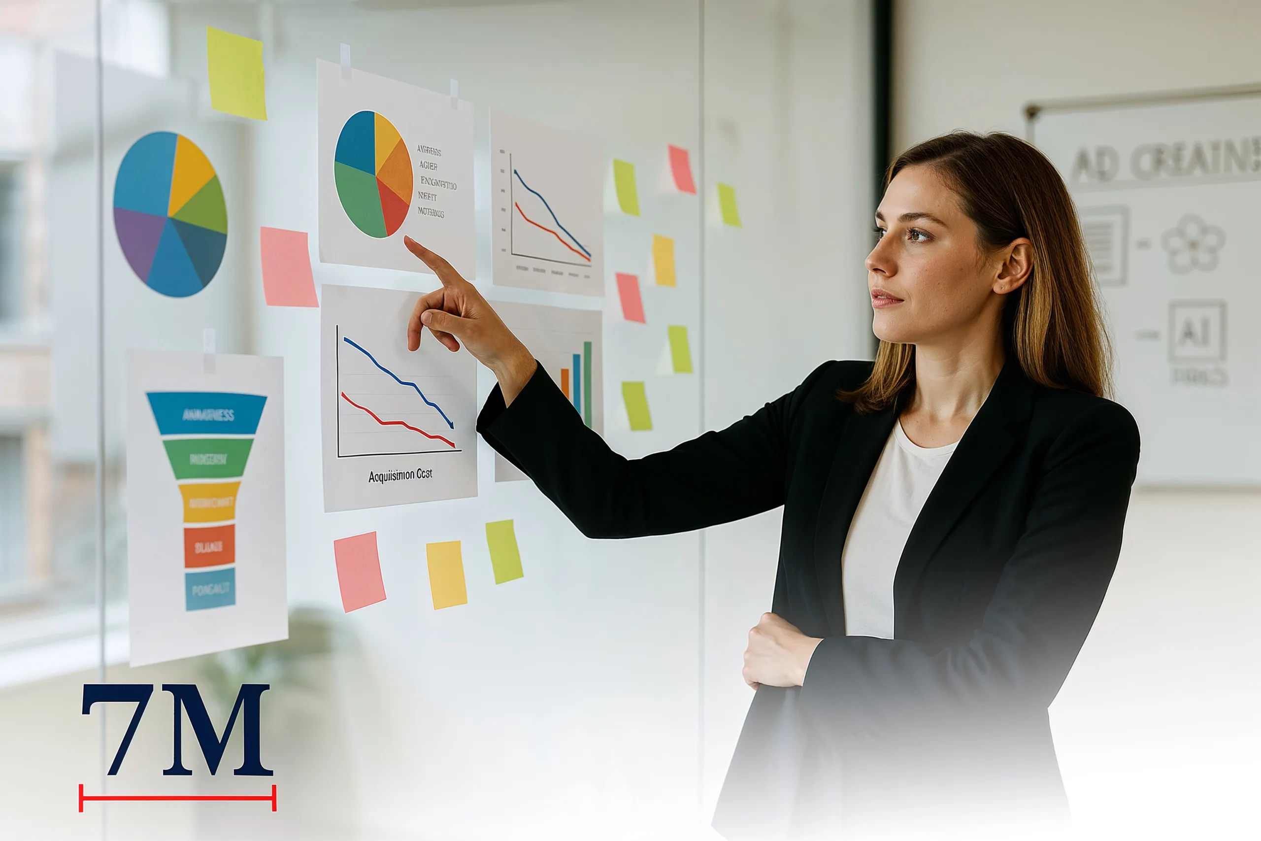 Businesswoman in a modern marketing workspace analyzing data charts about lowering customer acquisition cost