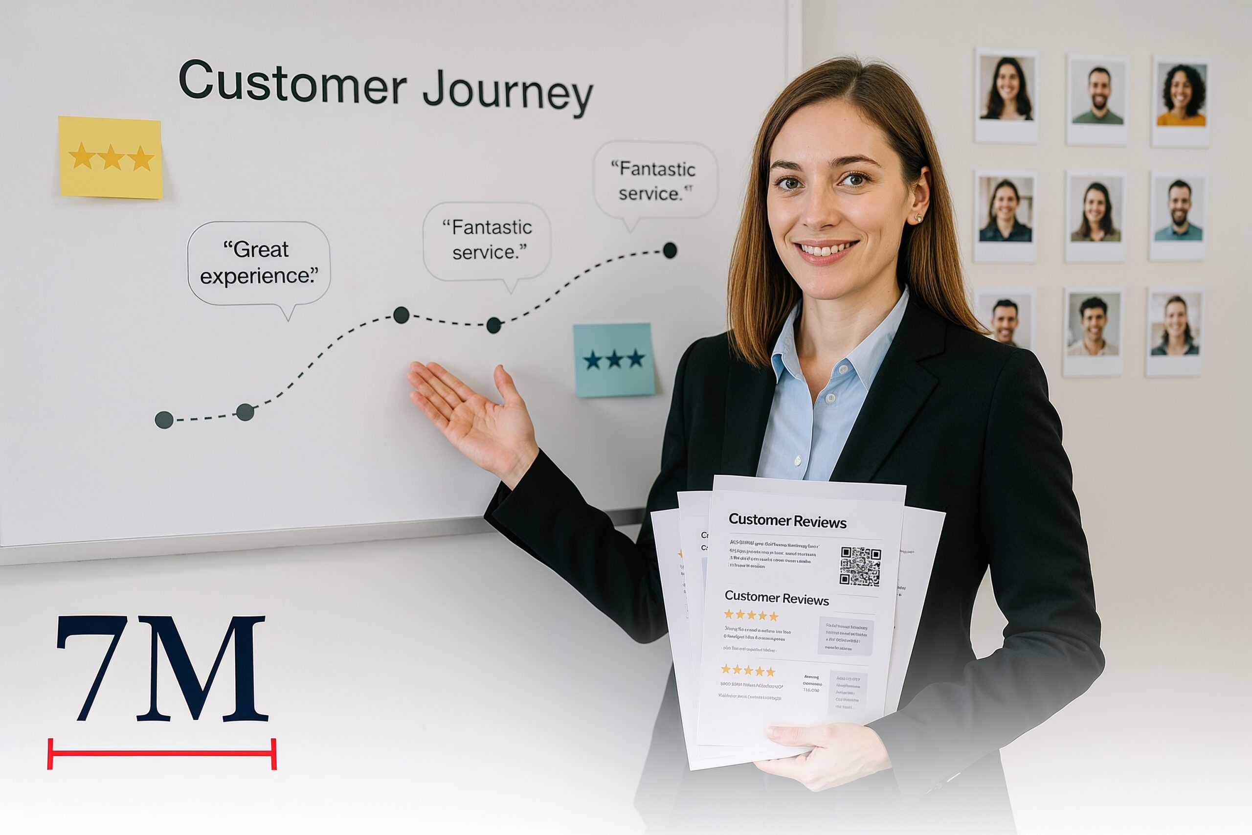 Businesswoman presenting printed customer testimonials and a customer journey map filled with reviews and social proof in a bright office.