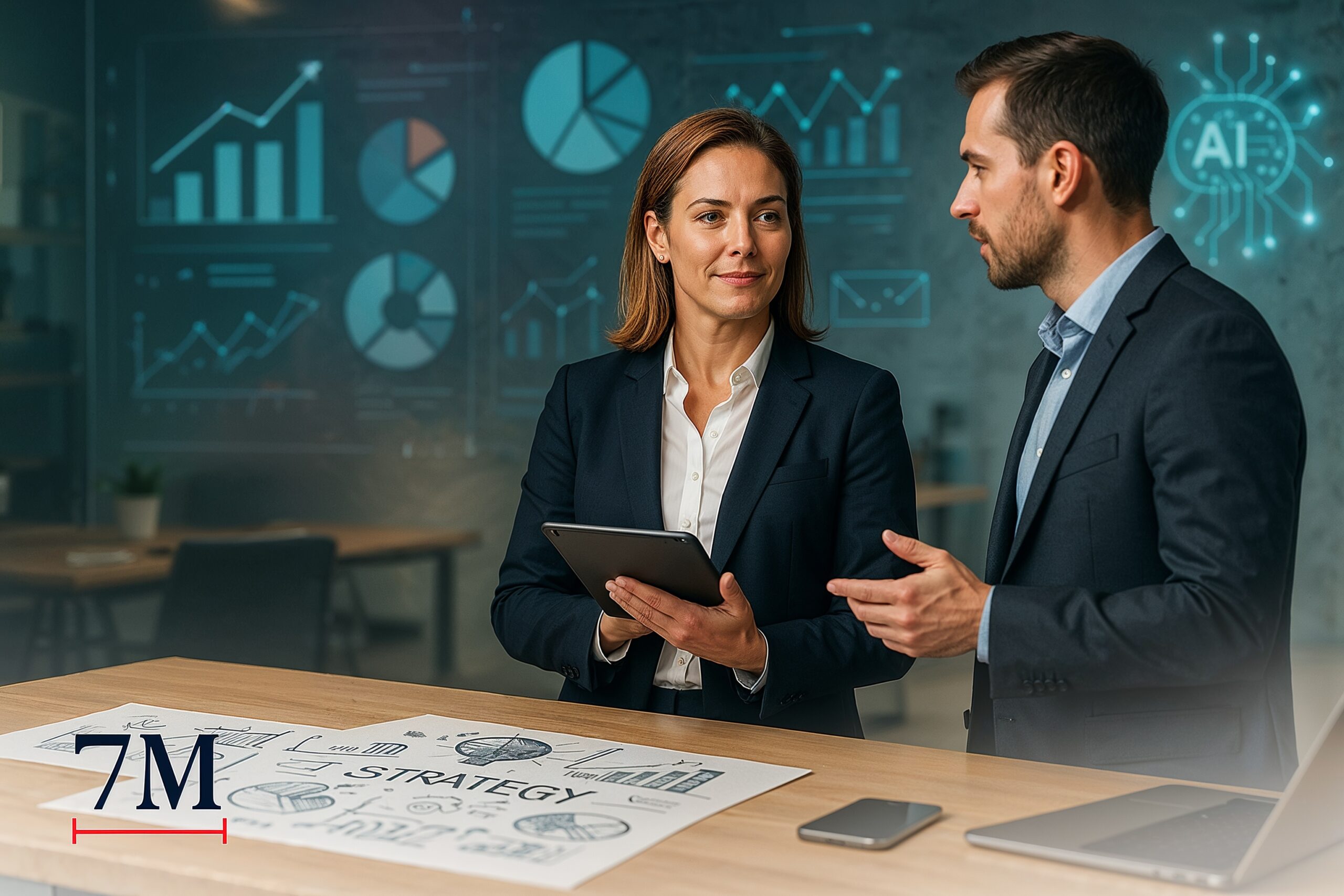 Businesswoman and colleague strategizing marketing in a dynamic, data-driven office environment with creative and AI-inspired visuals.