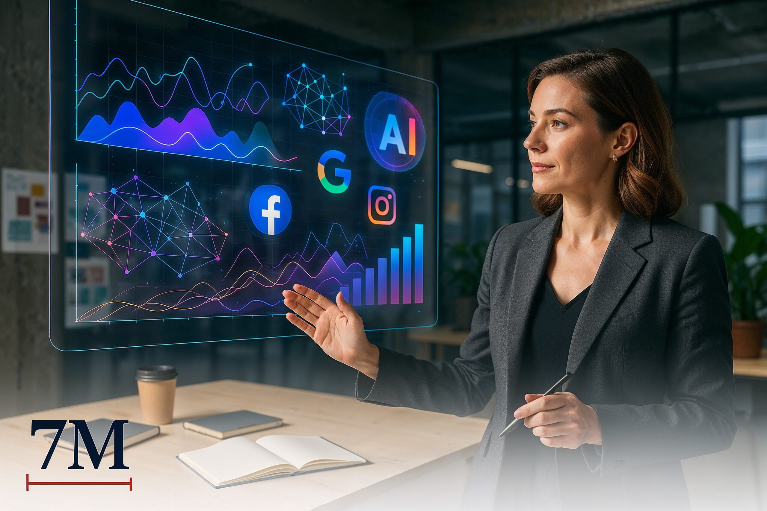 Business professional in creative workspace presenting AI-powered marketing trends with futuristic holographic display