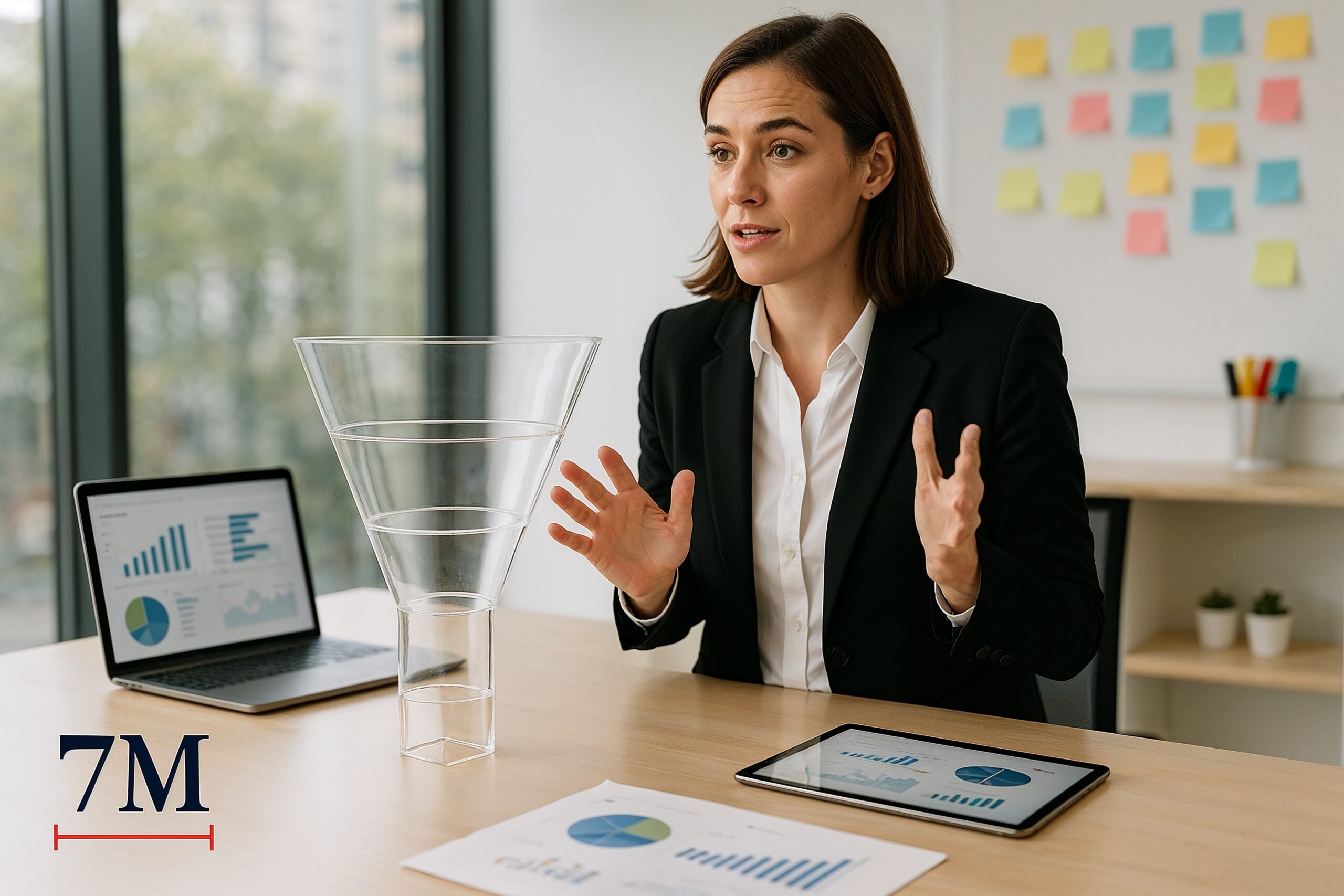 A businesswoman in modern office attire gesturing beside a transparent funnel model, surrounded by digital analytics devices and creative marketing tools.