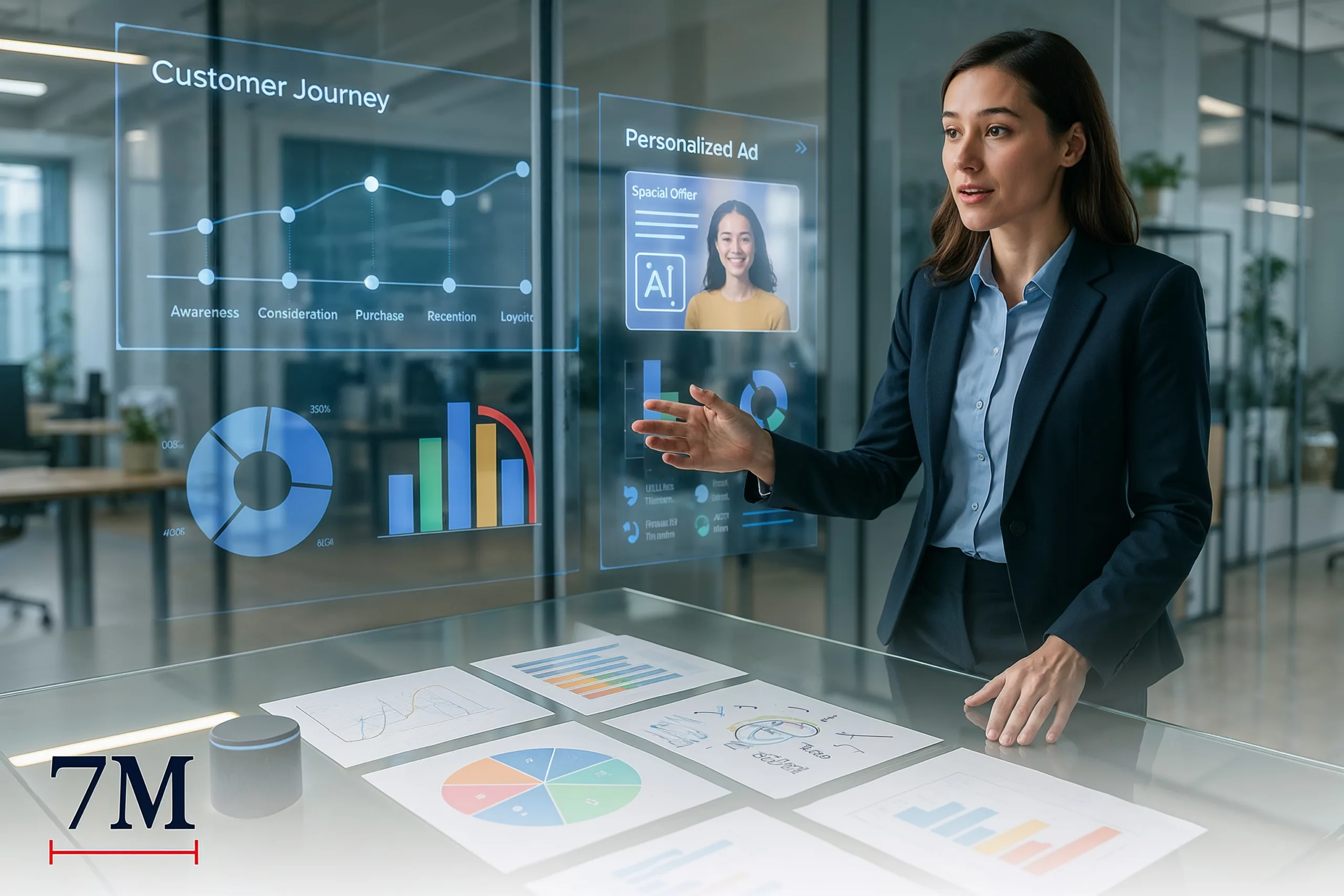 Marketing professional reviewing AI-powered campaign data visualizations and creative concepts in a futuristic workspace.