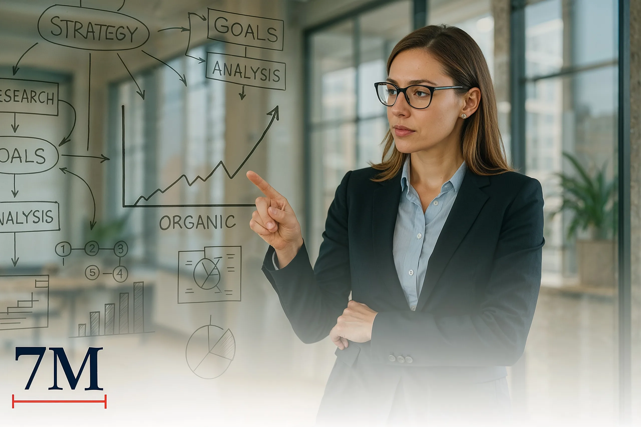 Marketing strategist analyzing integrated organic and paid marketing strategies on a glass board in a creative office
