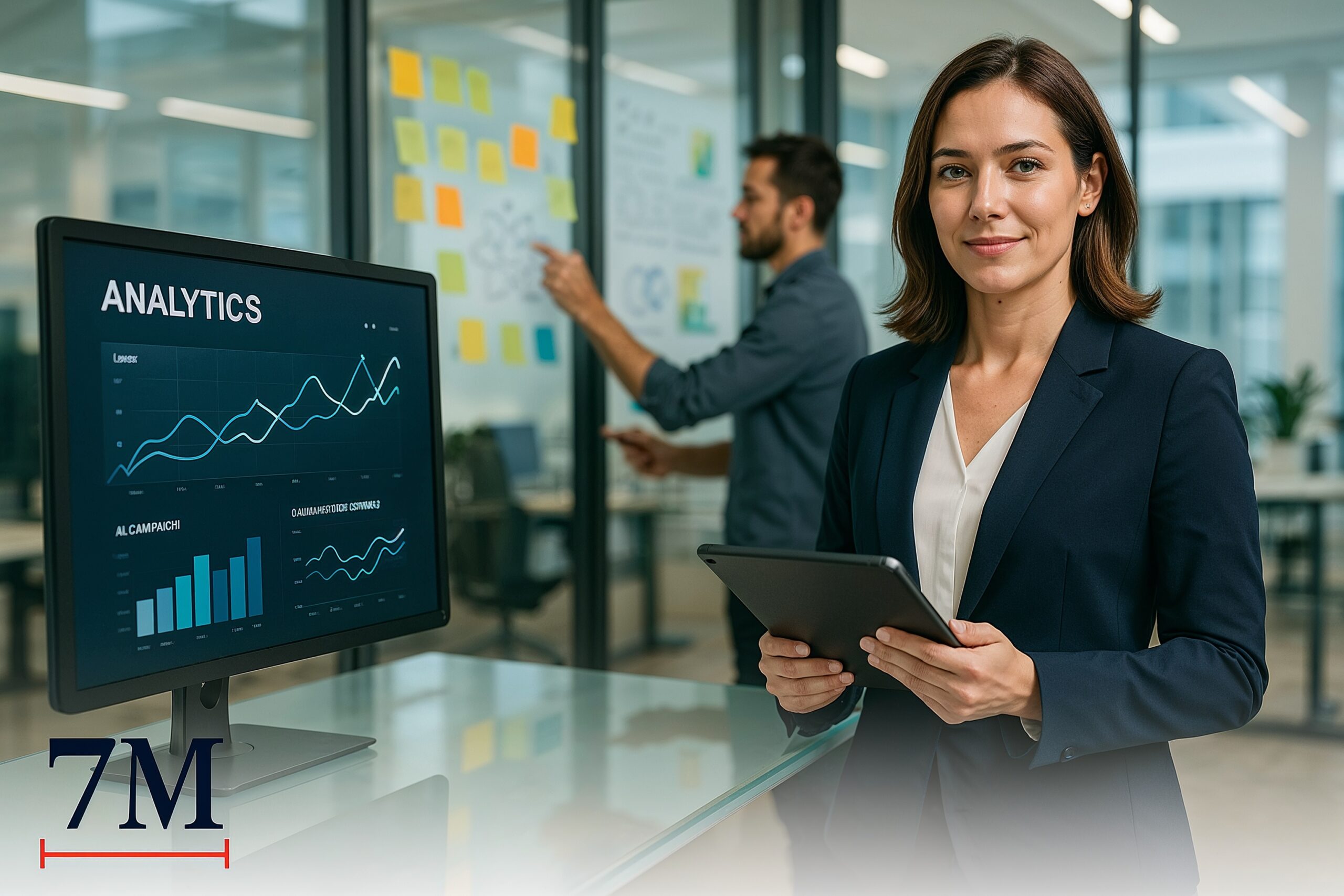 Businesswoman with digital tablet in modern workspace, analytics dashboard and team brainstorming strategy to scale a digital marketing agency.