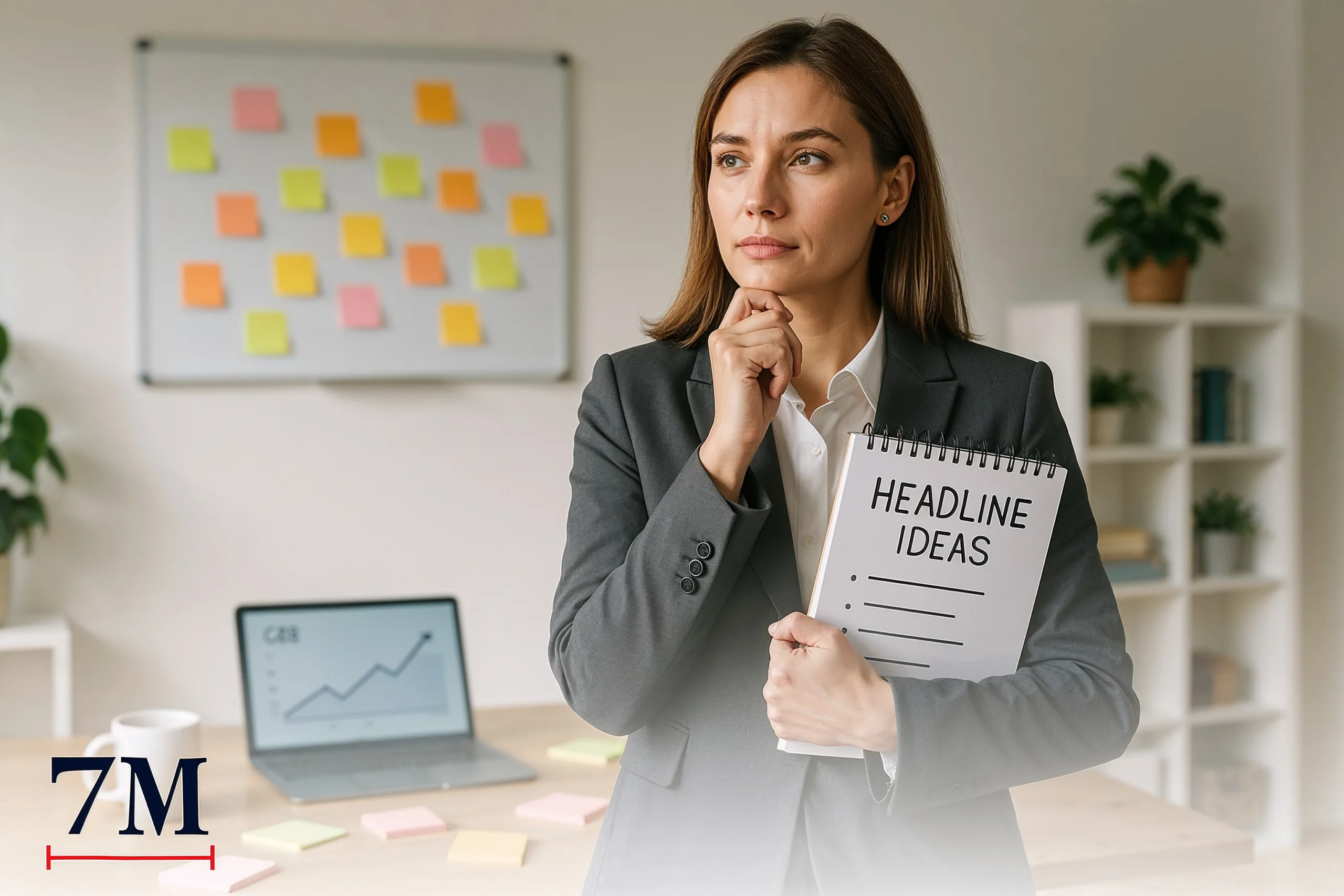 Businesswoman reviewing ad headline ideas in a creative, modern office setting, surrounded by marketing tools and notes.