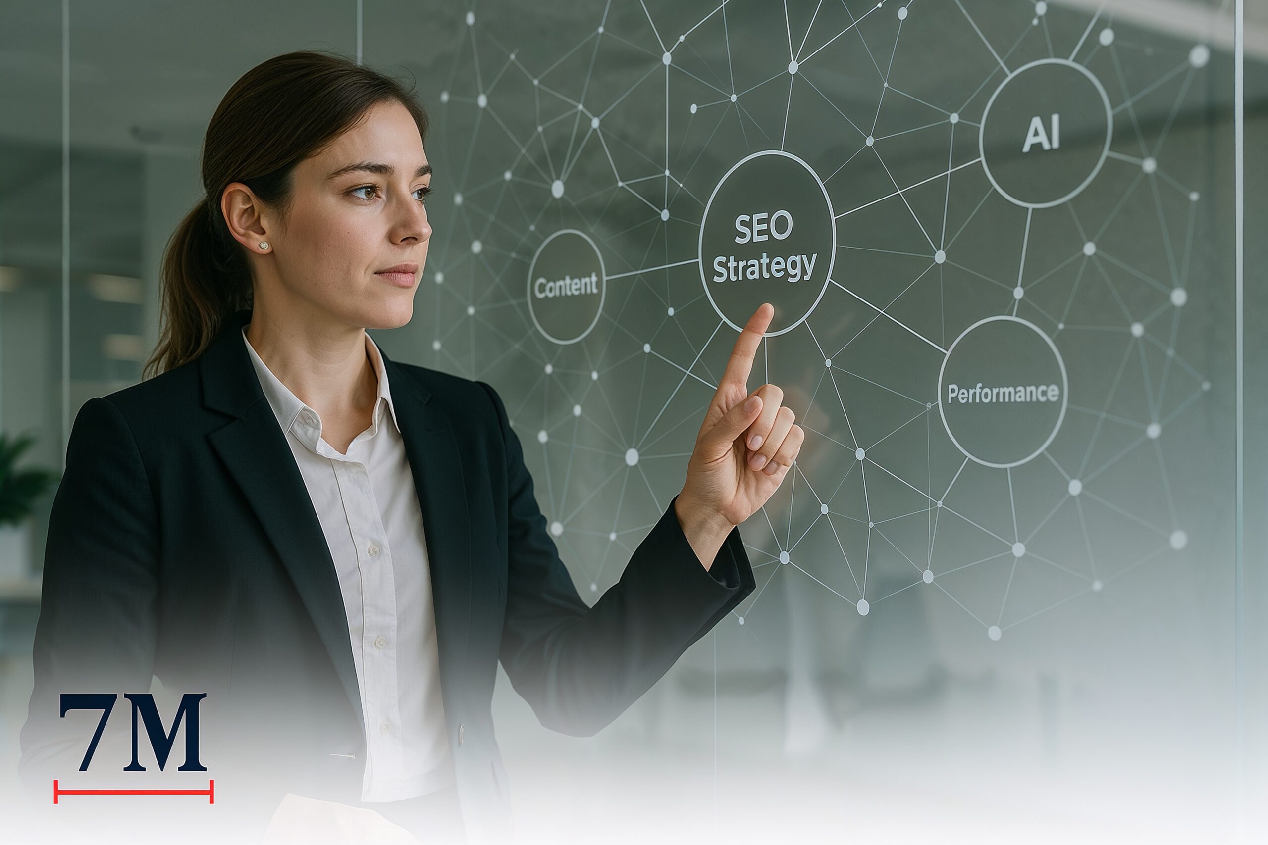 Businesswoman interacting with a transparent digital wall displaying interconnected topic clusters, symbolizing internal linking strategy for SEO.