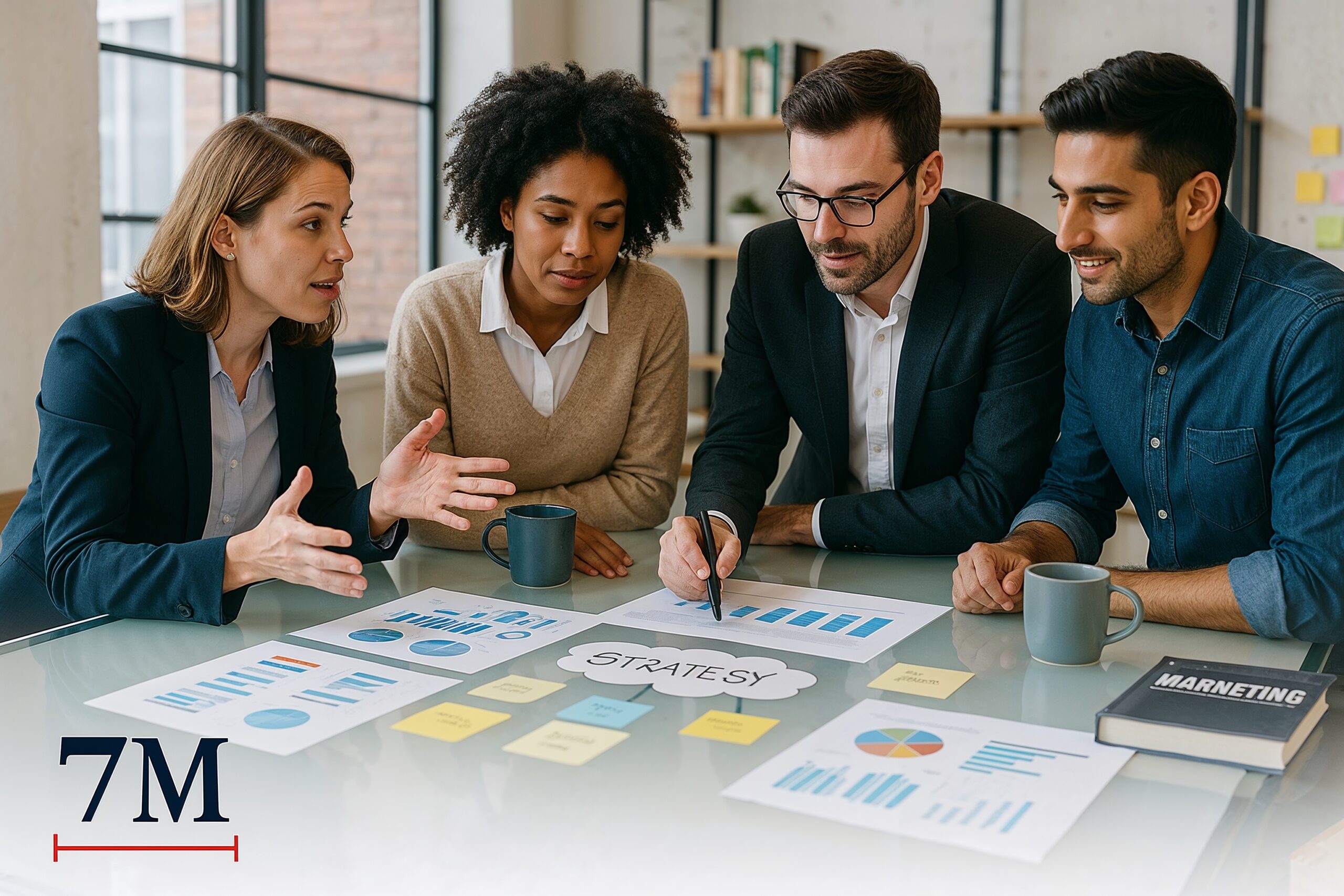 A marketing team in business attire collaborating around a table with campaign materials and data charts, showcasing teamwork and strategy.