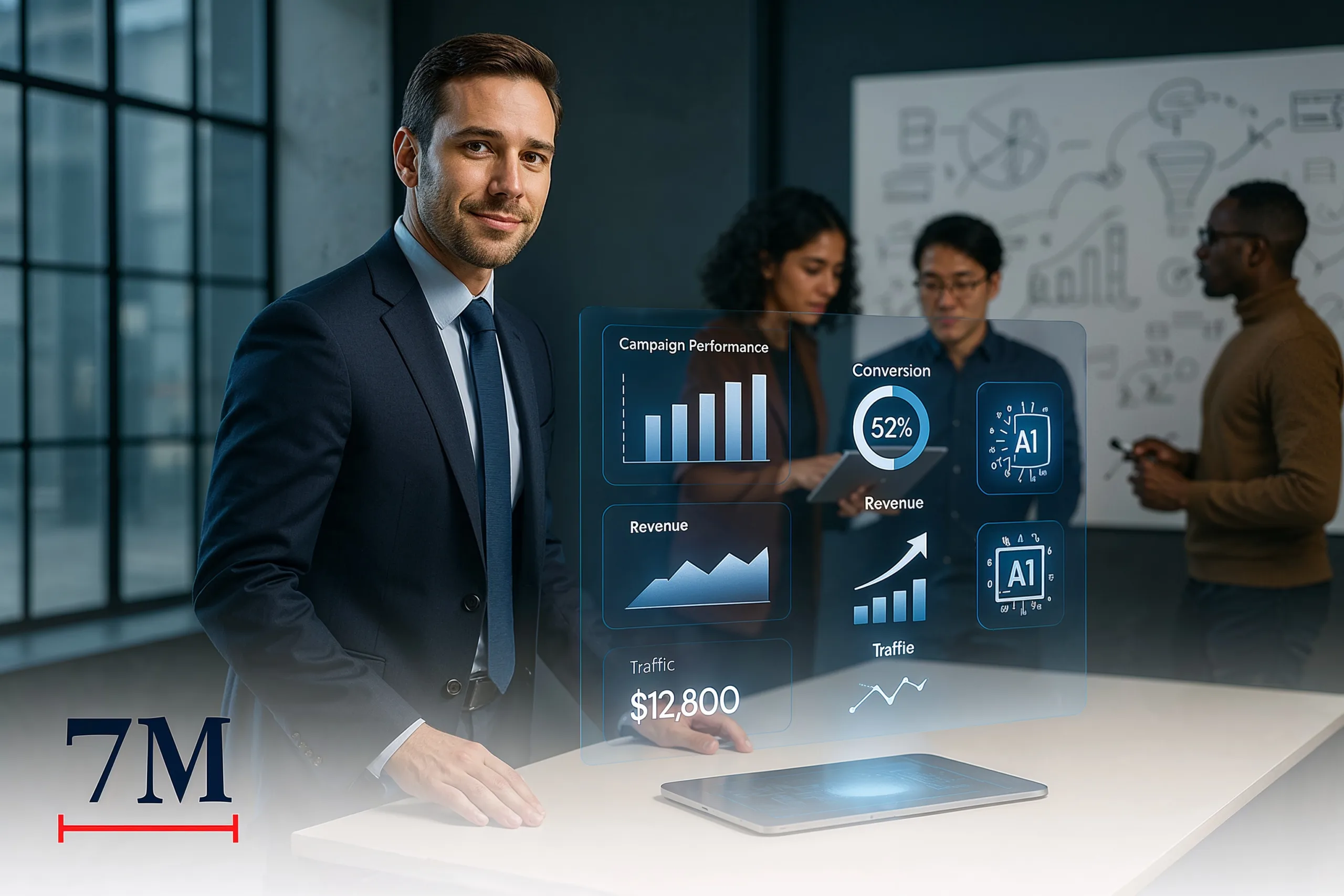 Marketing agency strategist reviewing futuristic analytics dashboard with team, demonstrating forward-thinking and AI-driven collaboration.