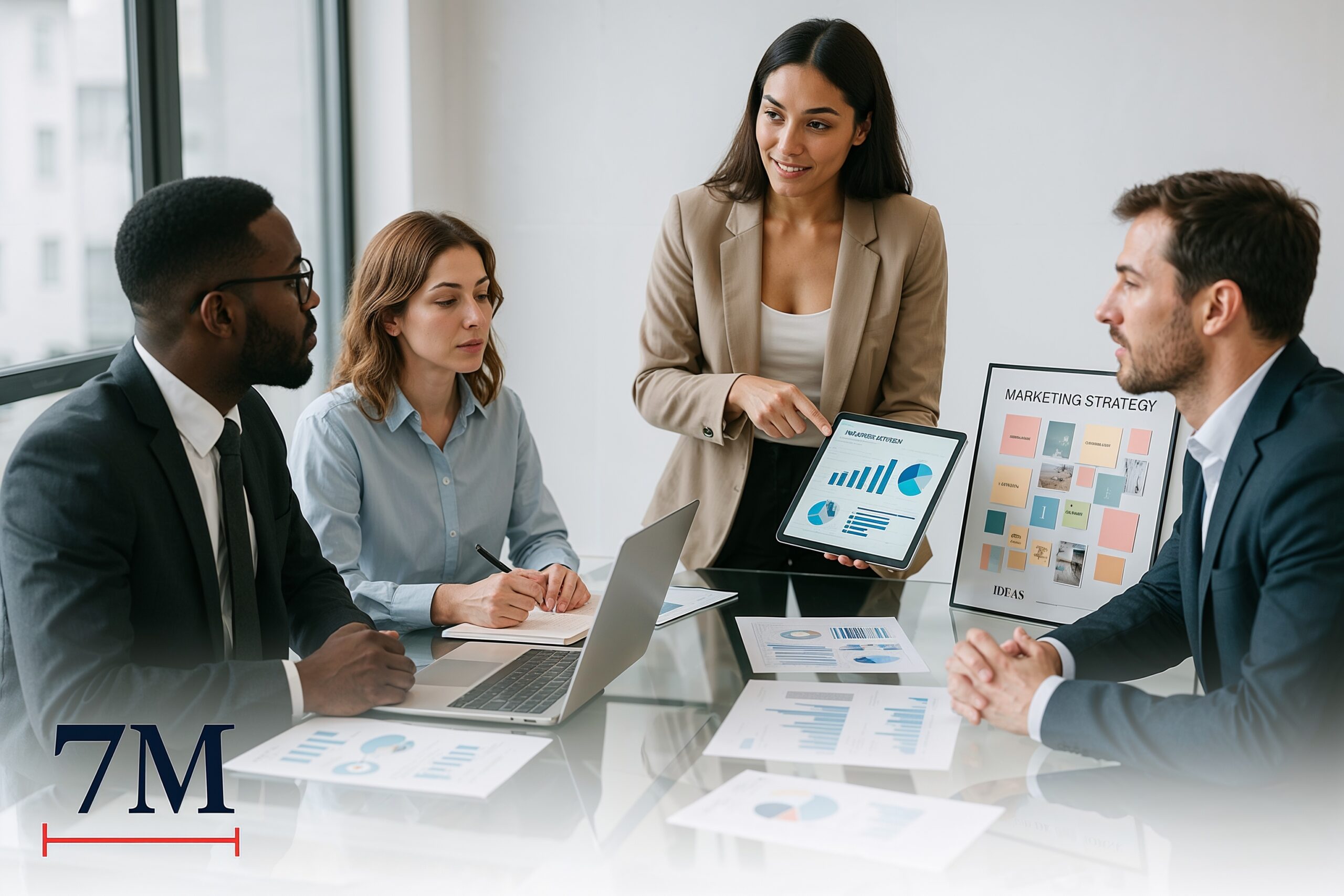 A professional team collaborates around a table with marketing reports, digital tablets, and creative strategy boards in a modern office setting.