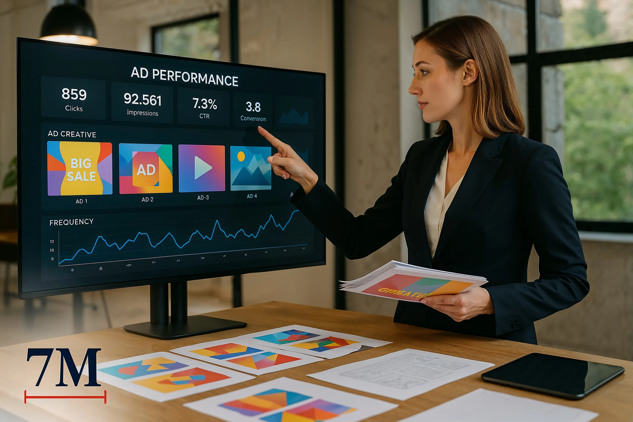 Professional marketer analyzing Facebook ad metrics and creative materials in a modern workspace to plan ad updates.