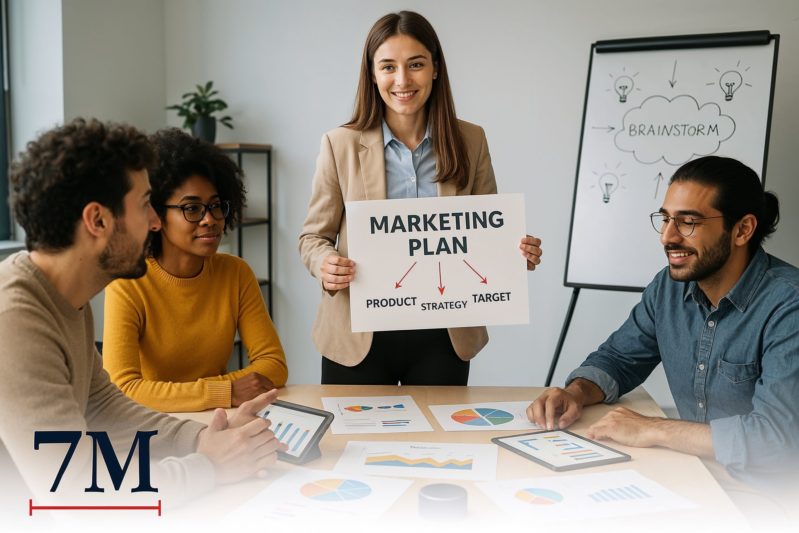Businesswoman in her 30s presenting a marketing strategy to her diverse team in a creative workspace, with analytics charts and campaign sketches visible.