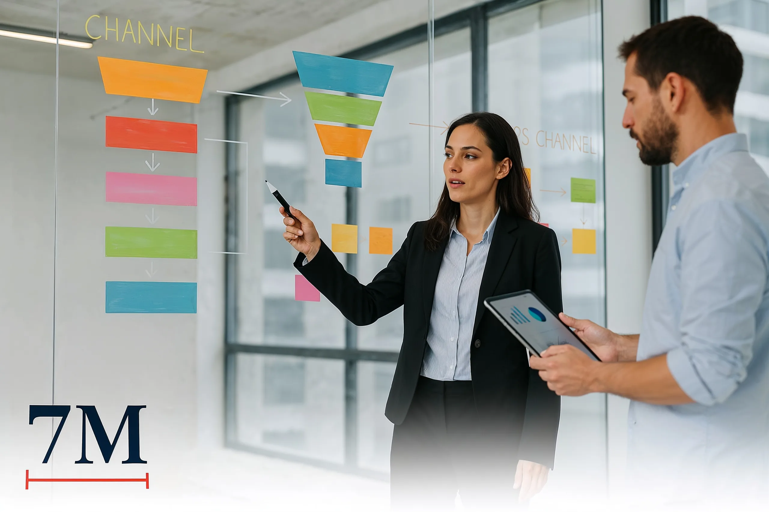 Marketing professionals planning a cross-channel remarketing funnel, collaborating by a glass wall filled with flowcharts and campaign diagrams
