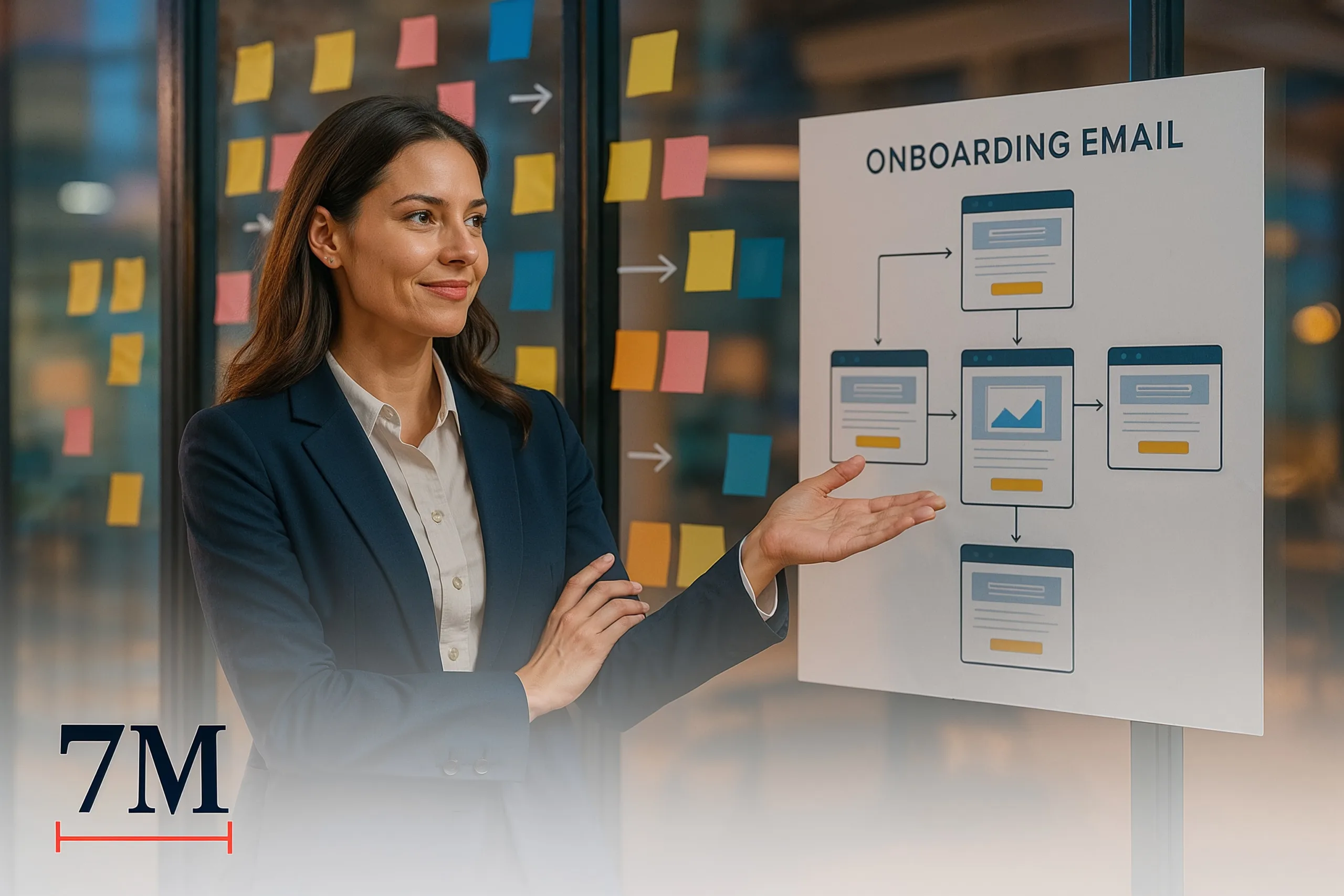Business professional presenting onboarding email strategies in a creative marketing workspace