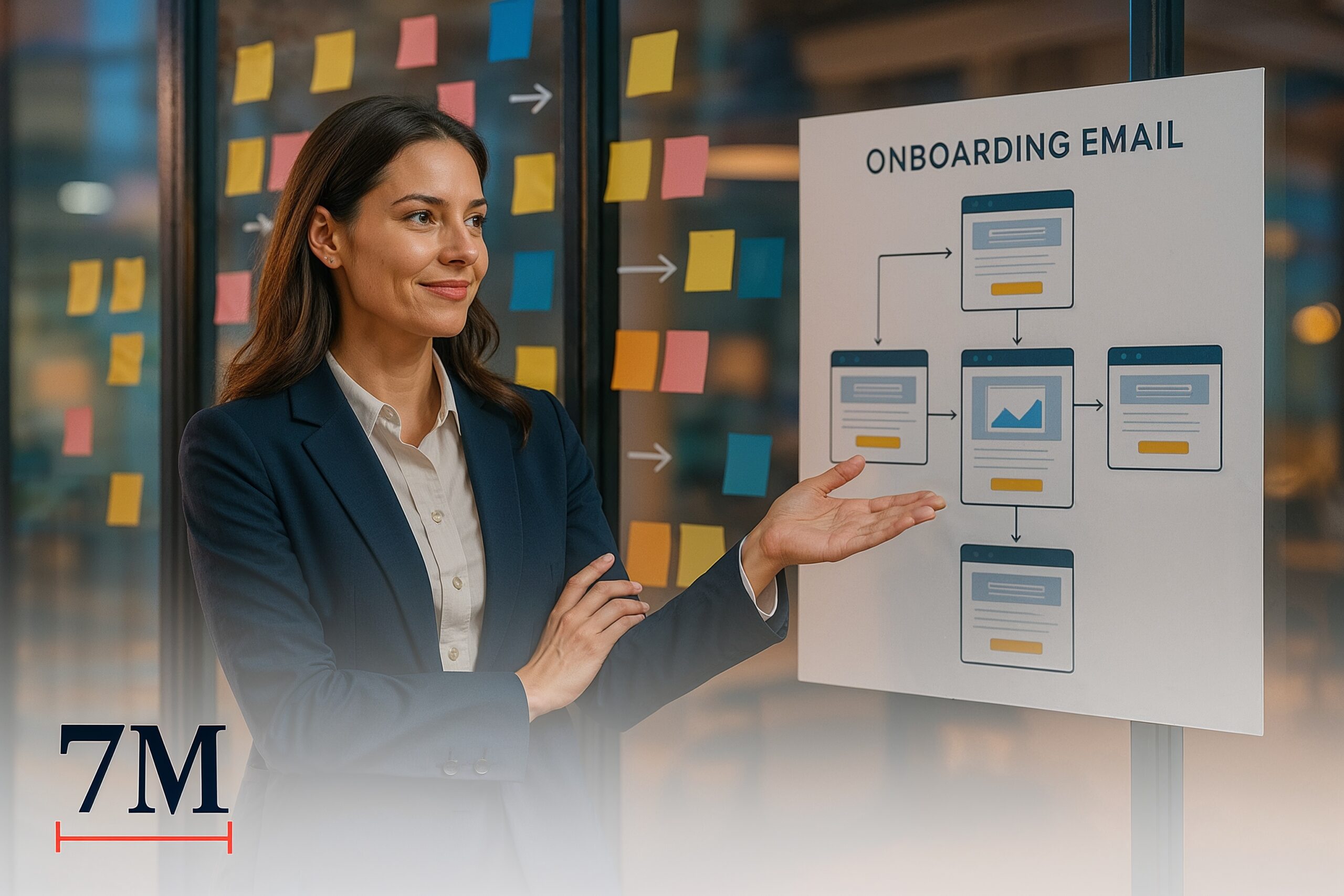 Business professional presenting onboarding email strategies in a creative marketing workspace