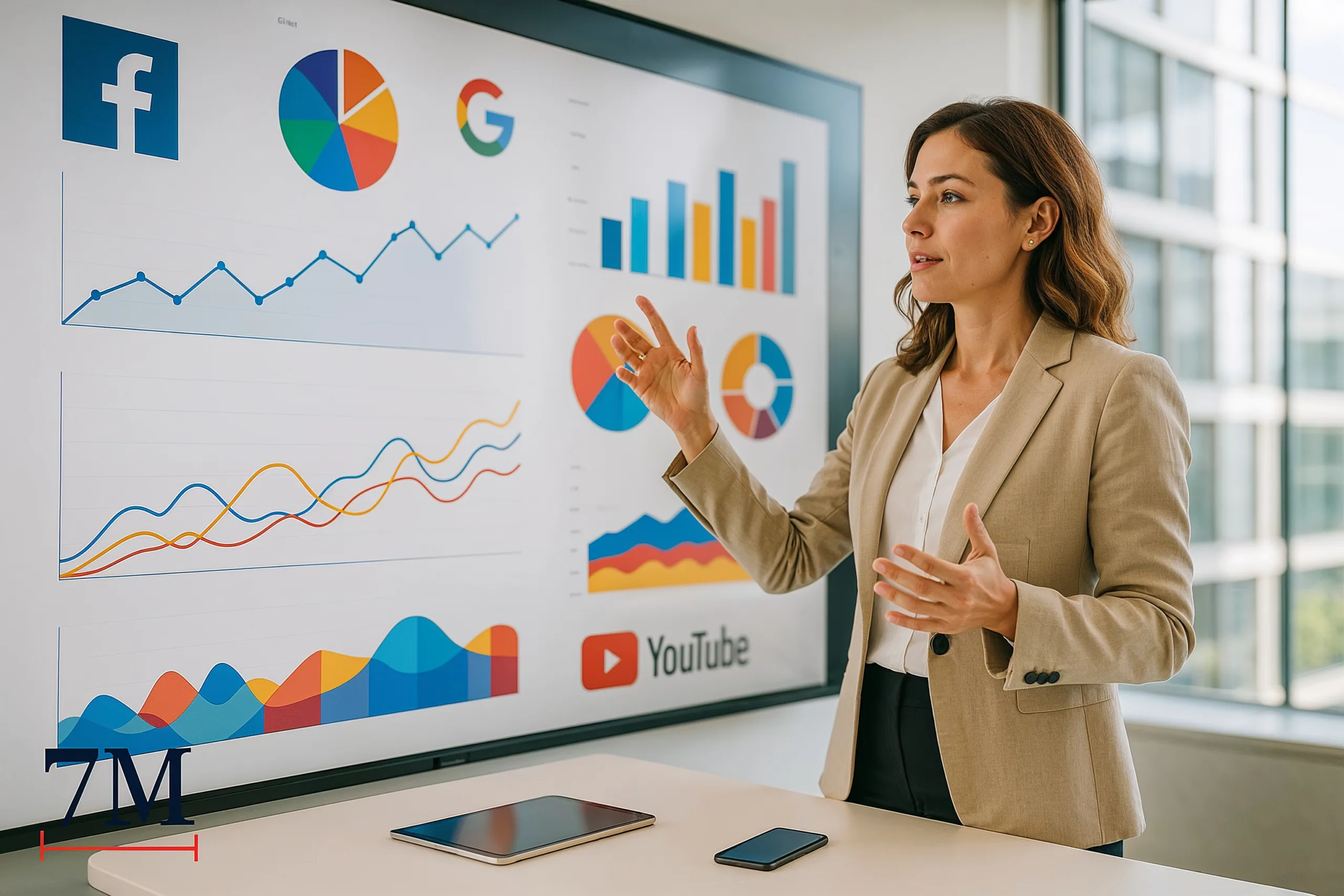Businesswoman presenting a digital marketing dashboard with unified analytics from Facebook, Instagram, Google, and YouTube in a modern workspace