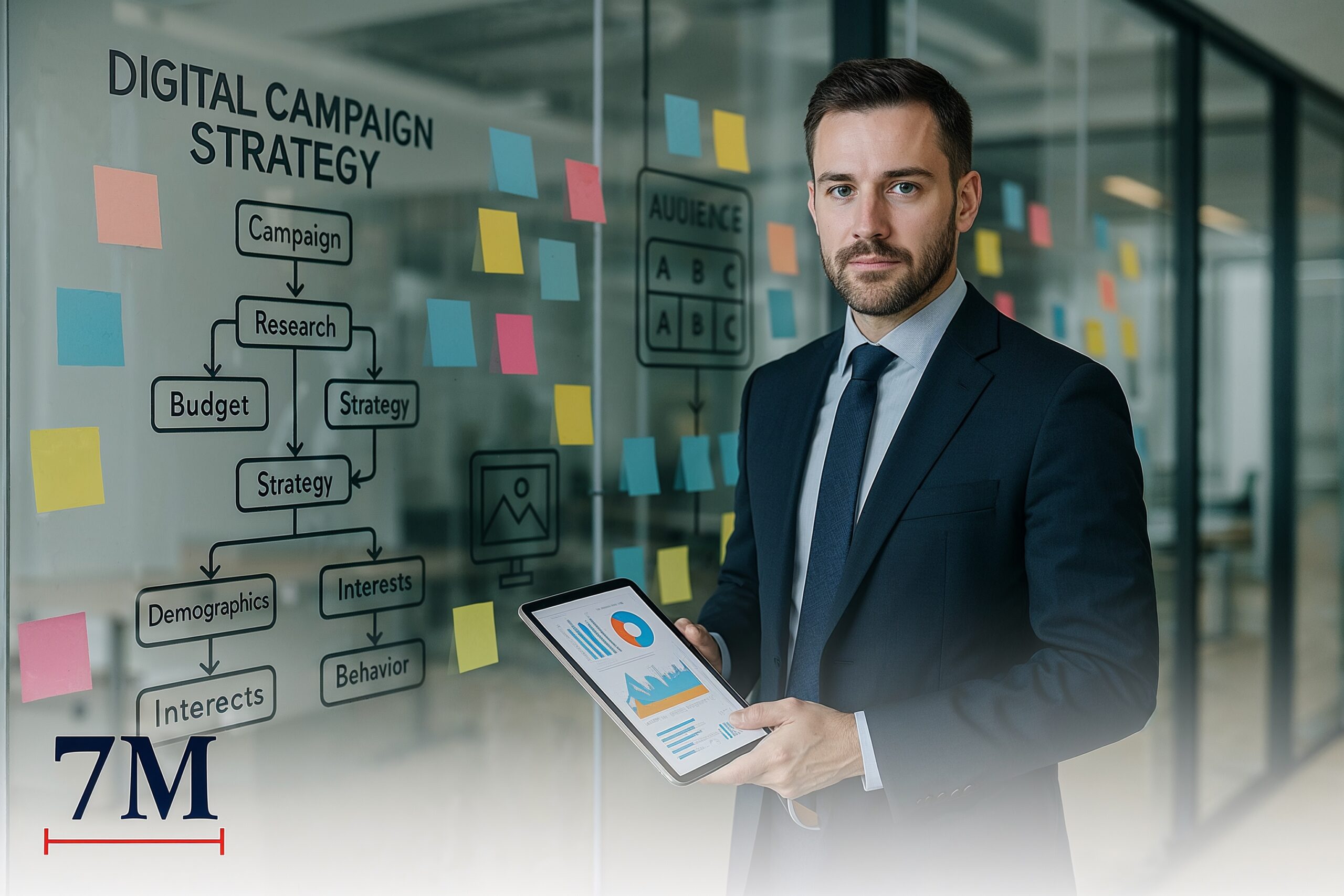 Business professional planning digital ad campaigns with strategy boards and campaign flowcharts in a modern workspace