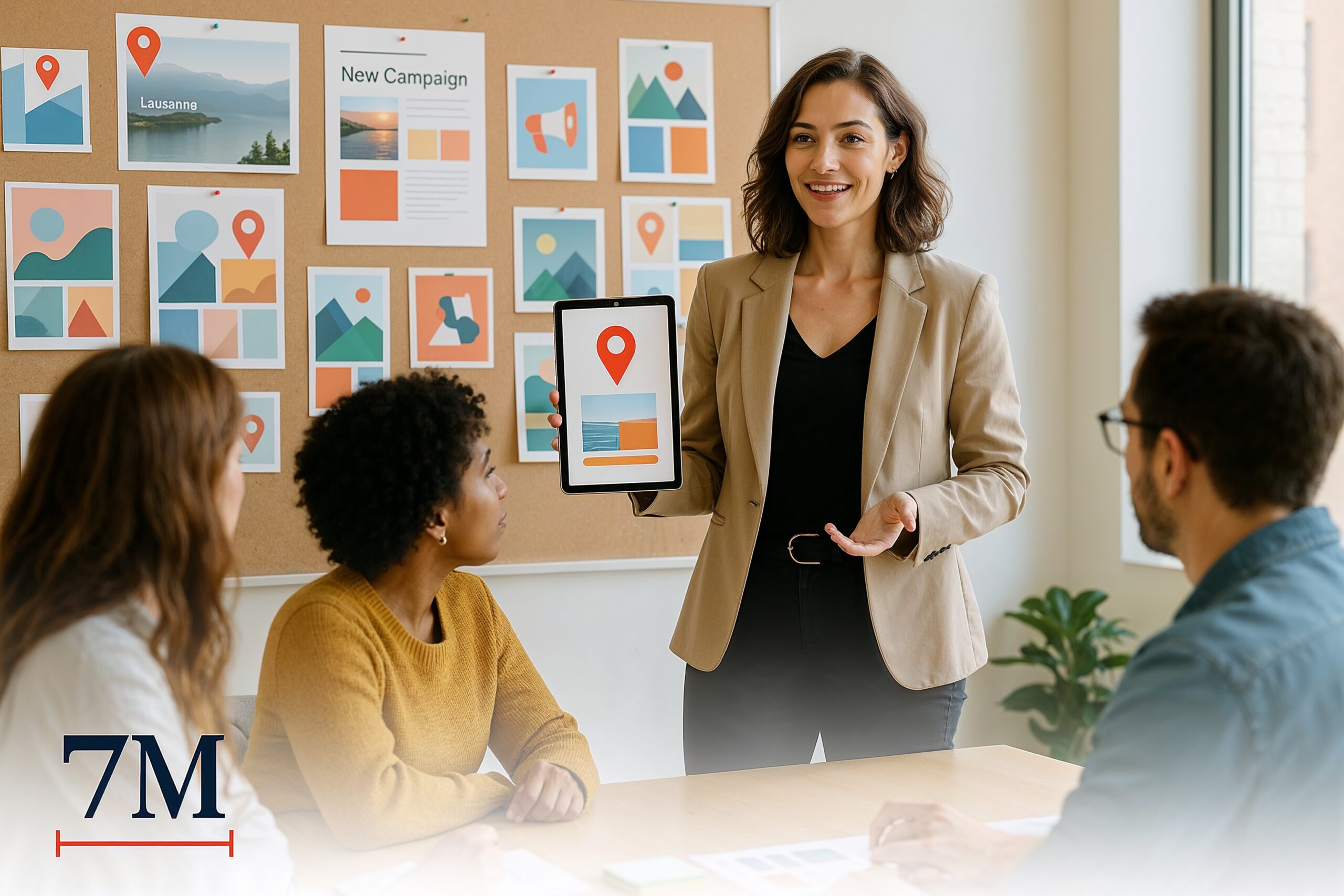 A marketing professional leads a Pinterest ad strategy session, presenting vertical pin designs in a creative workspace.