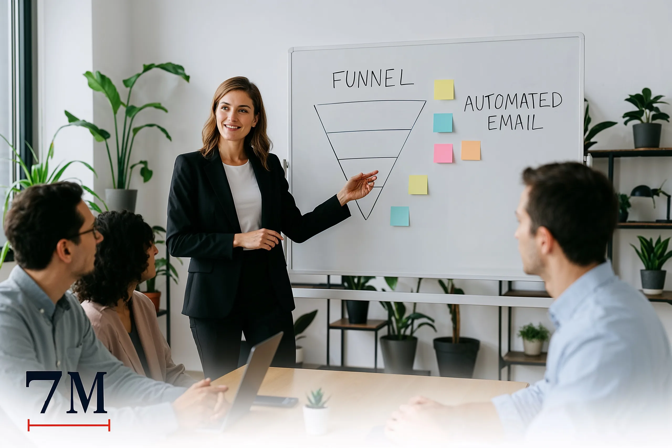 Businesswoman explaining funnel automation strategy on whiteboard in modern marketing office