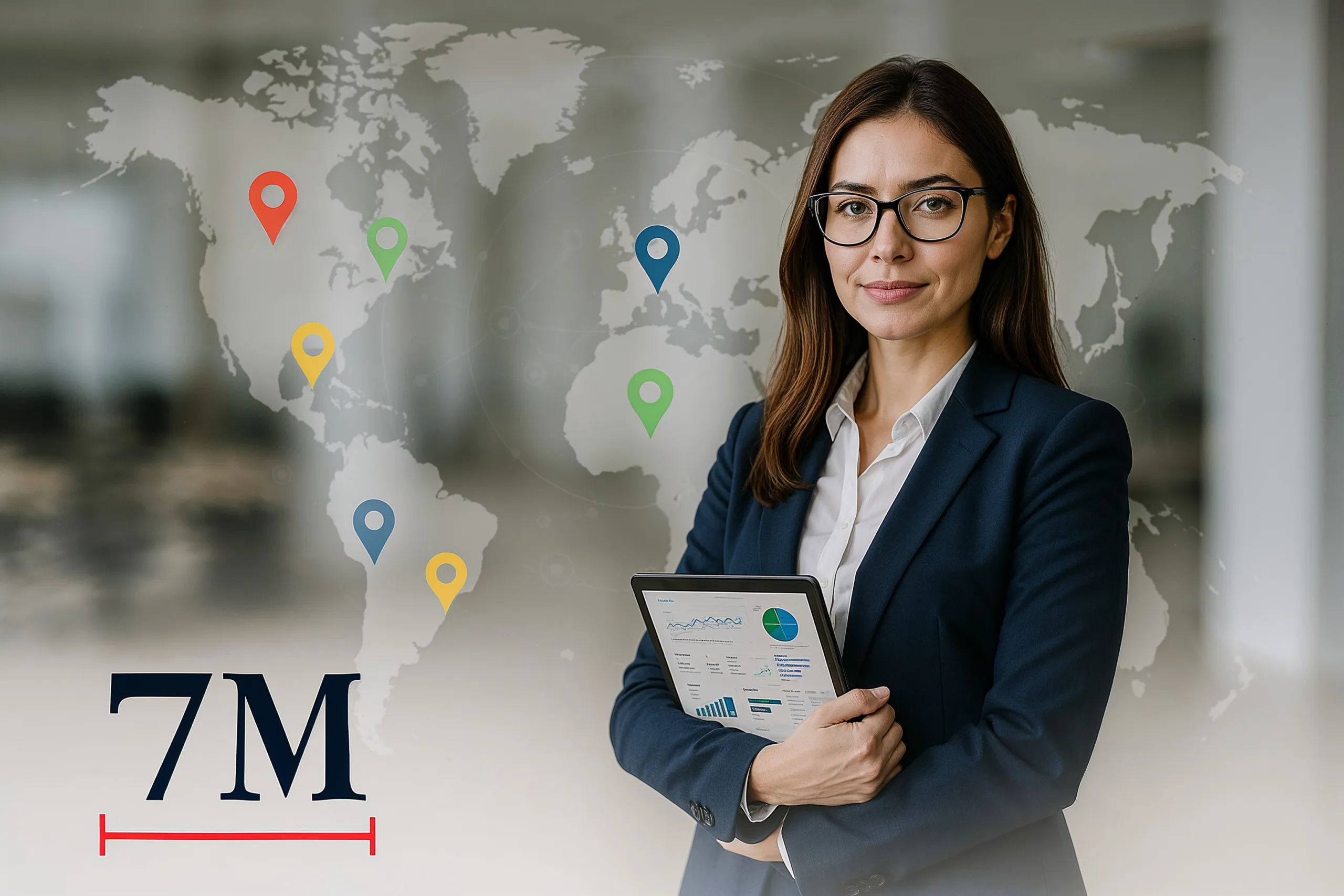 Digital marketer tracking keyword rankings on a world map with location markers and analytics data in a modern workspace.