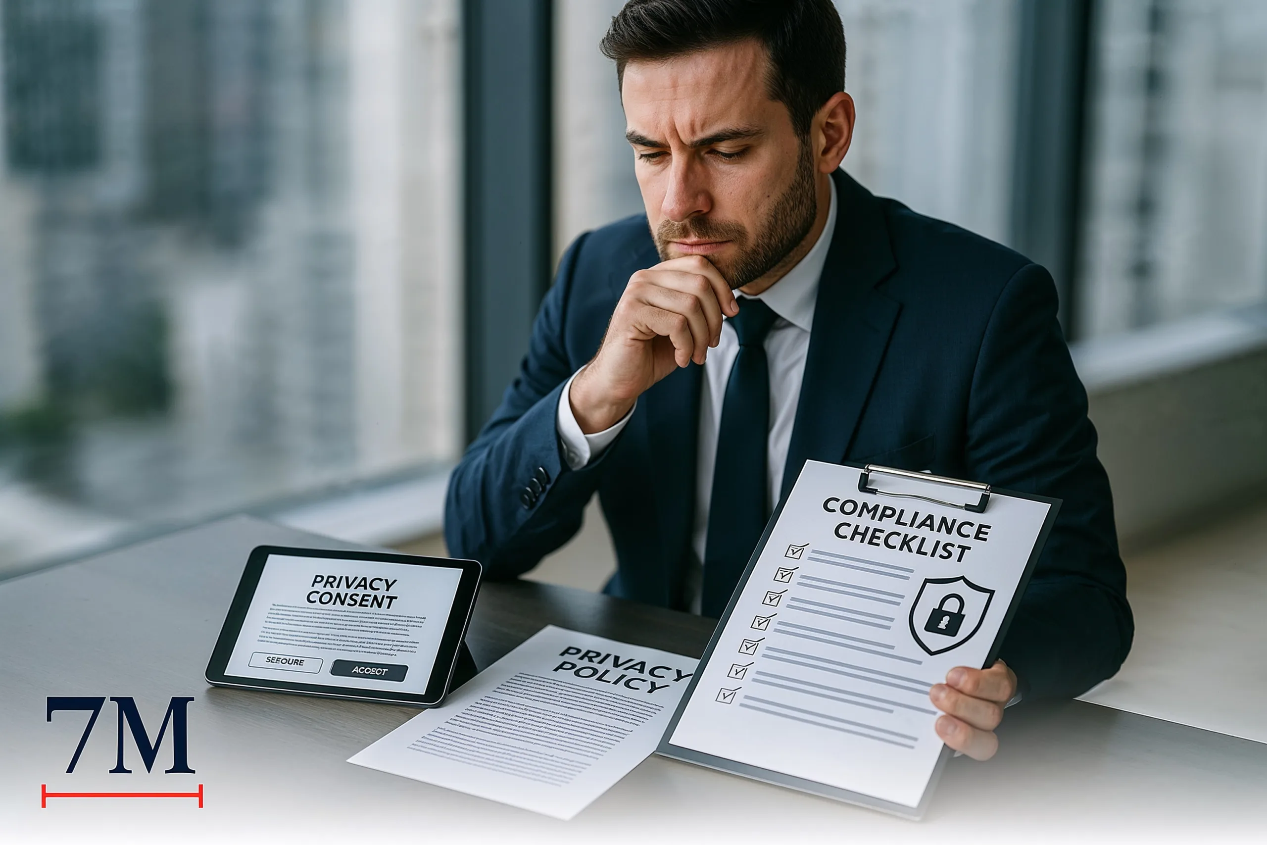 Business professional reviewing privacy compliance documents and digital consent forms at a modern office table.