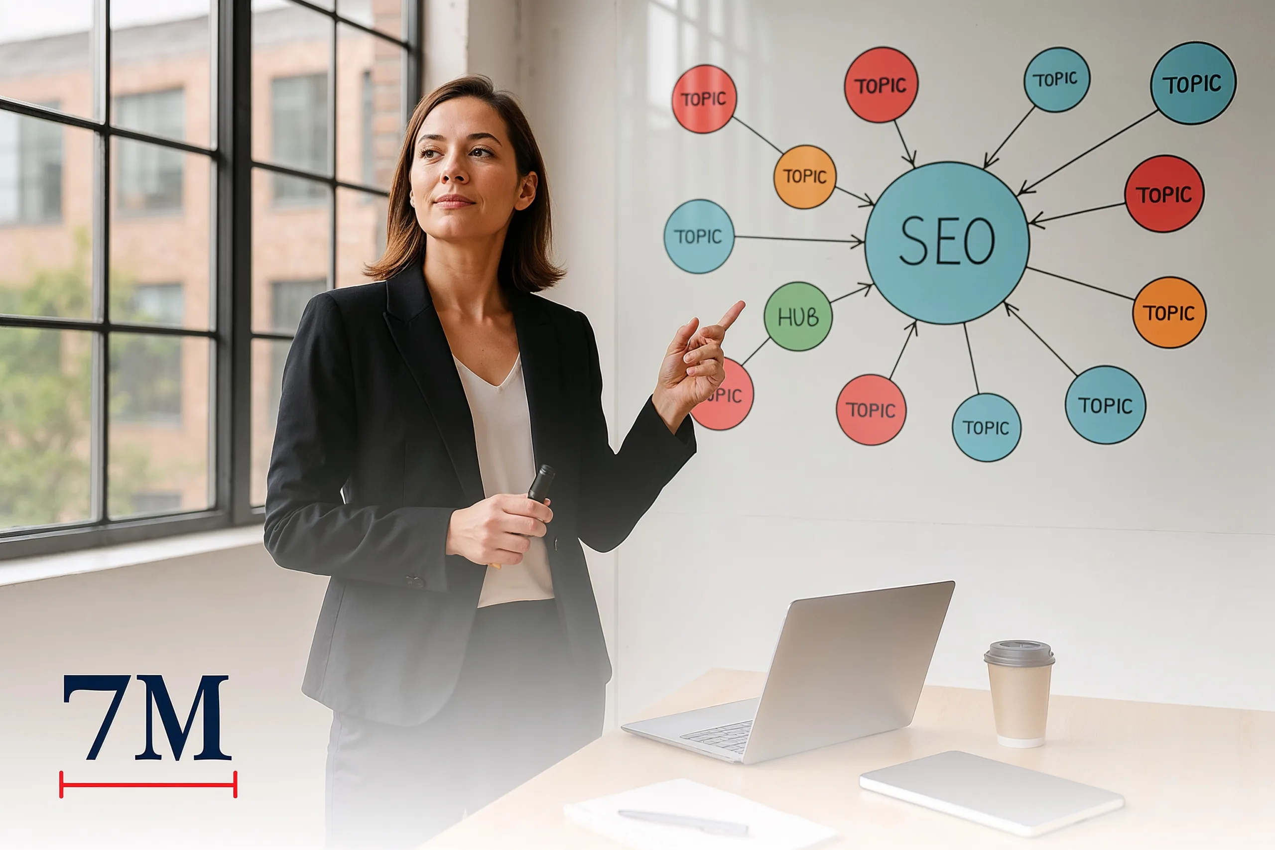 Professional marketer in business attire mapping out topical authority strategy on a glass board with interconnected content clusters.