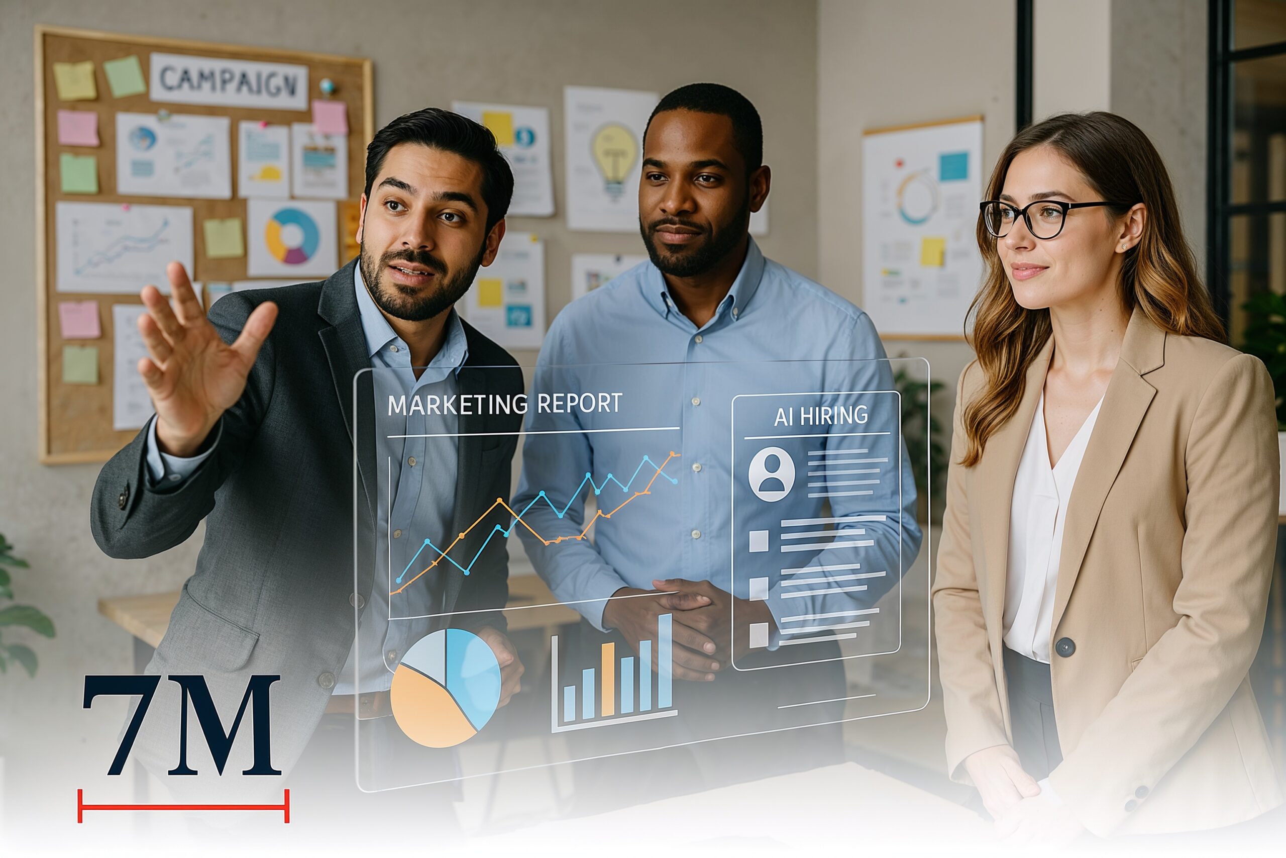 Marketing professionals discussing digital recruitment strategies with data dashboards in a modern office setting