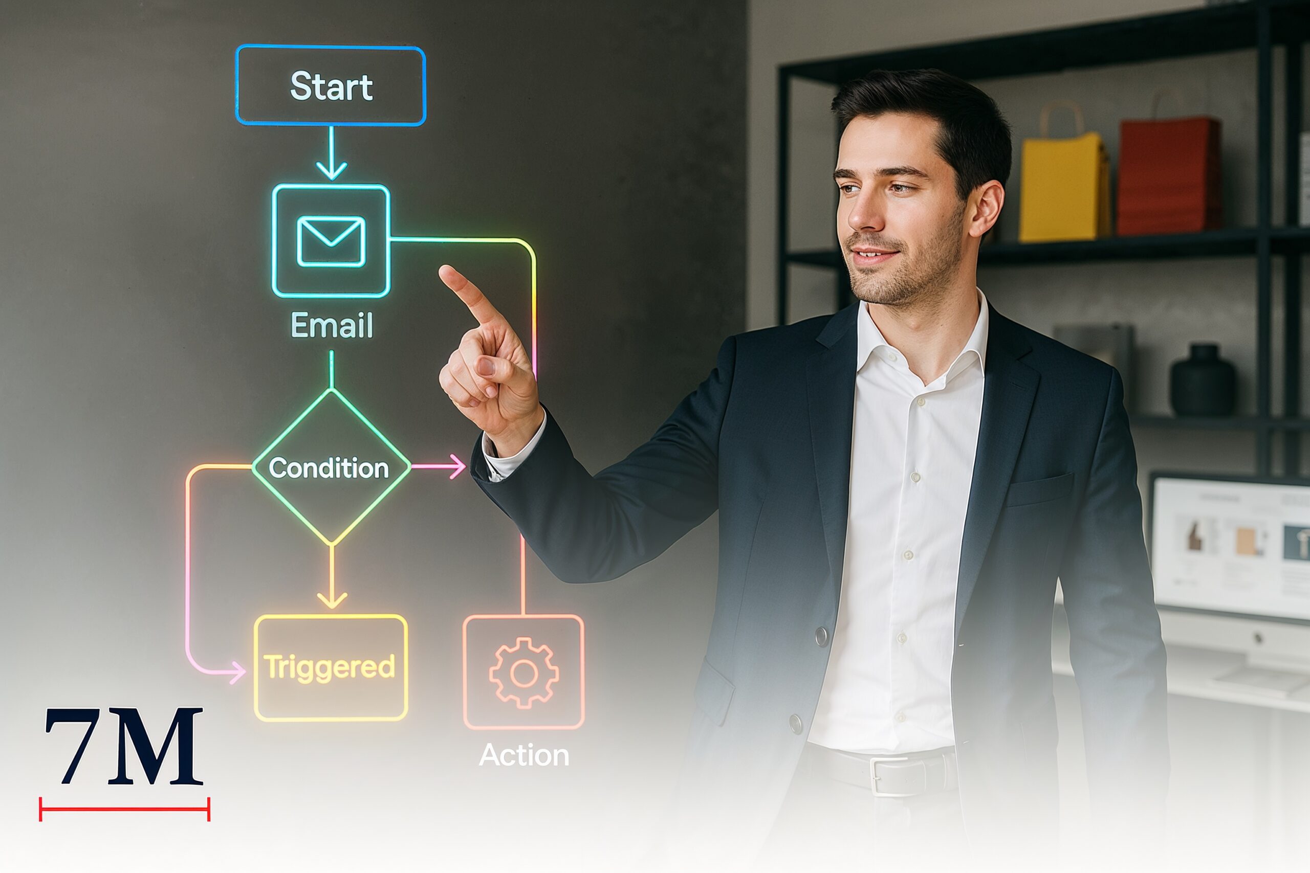 Business professional in a modern workspace explaining ecommerce email automation triggers on a transparent digital board