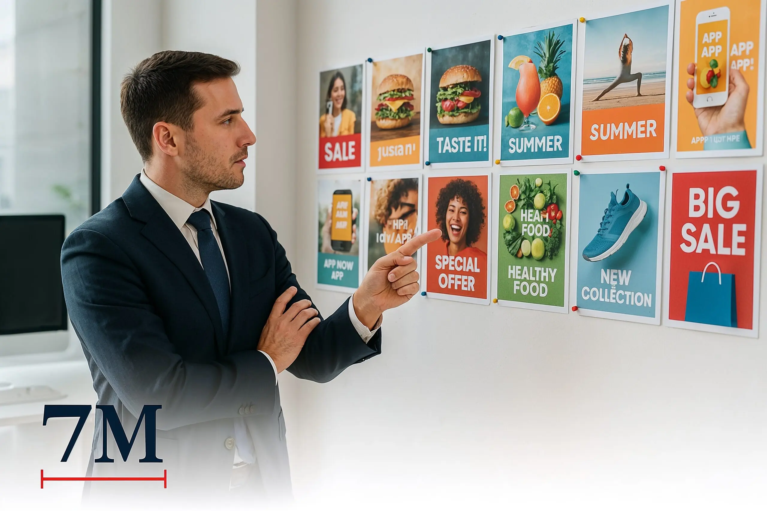 Marketing professional selecting the best ad image from a creative board filled with diverse visuals.