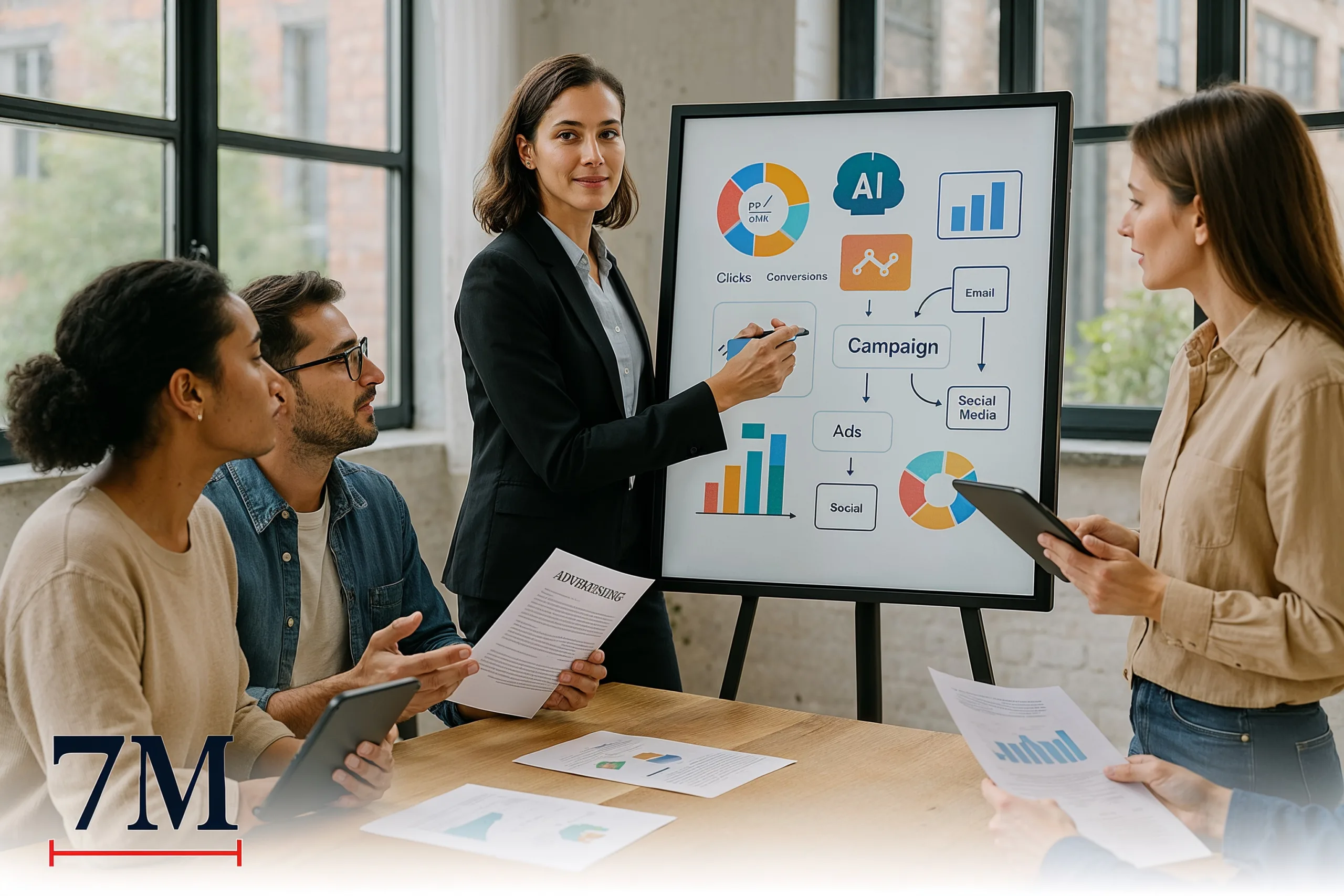 A female marketing strategist leading an AI-powered workshop, with creative team members discussing campaign strategies in a modern workspace.