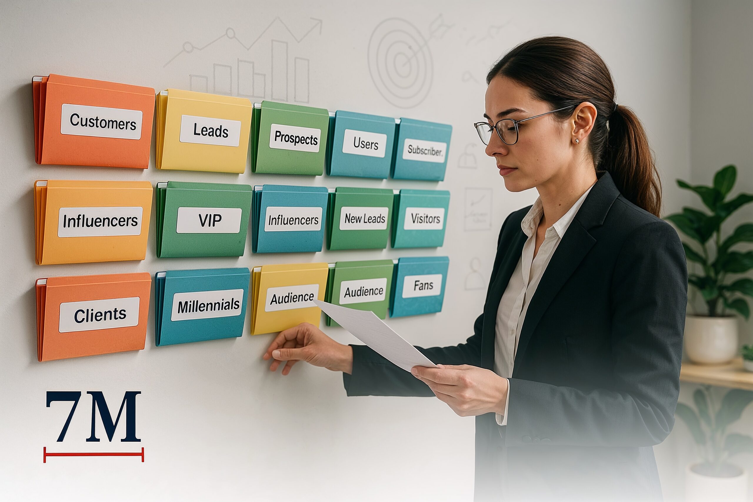 Professional woman organizing colorful audience segment folders in a creative marketing workspace.