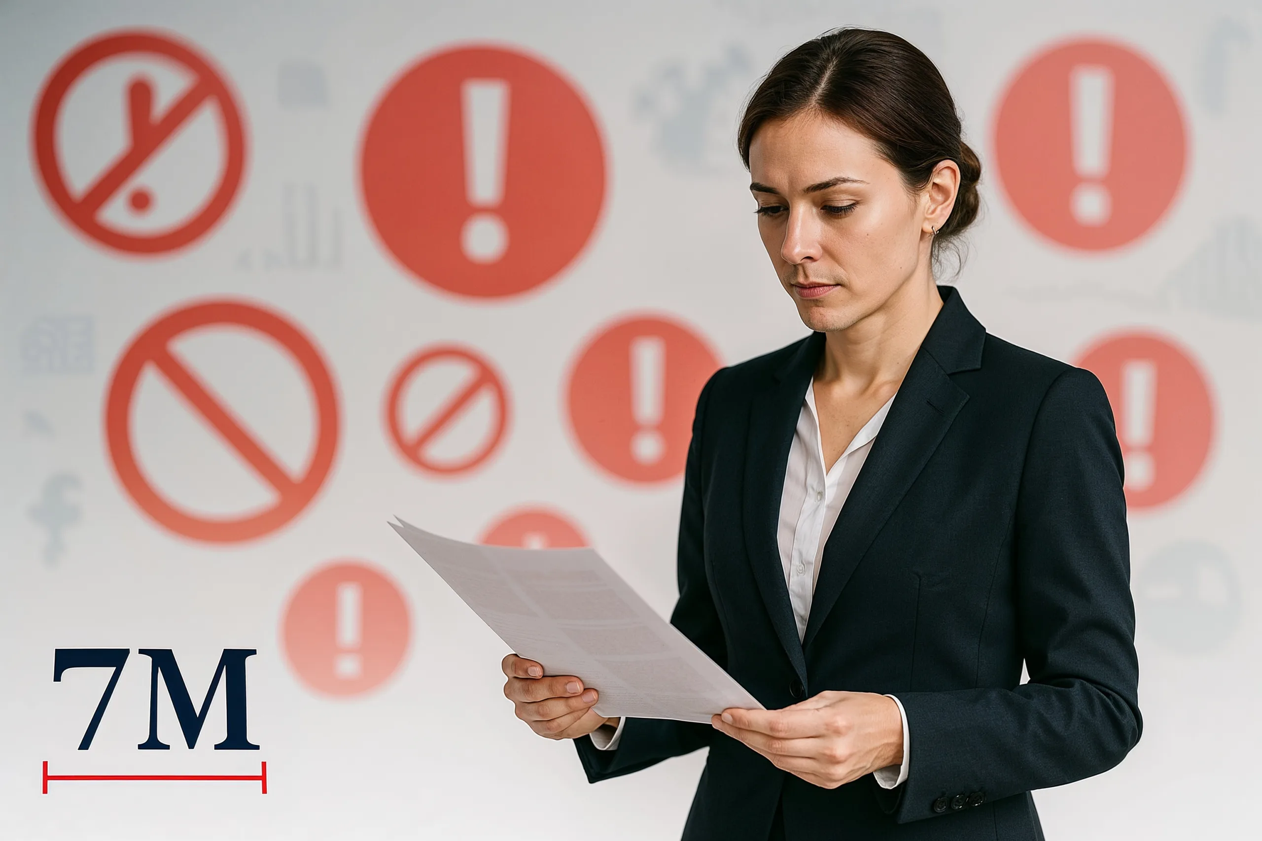 Businesswoman in professional attire reviewing documents in front of a wall with forbidden advertising symbols, illustrating Facebook ad compliance scrutiny.