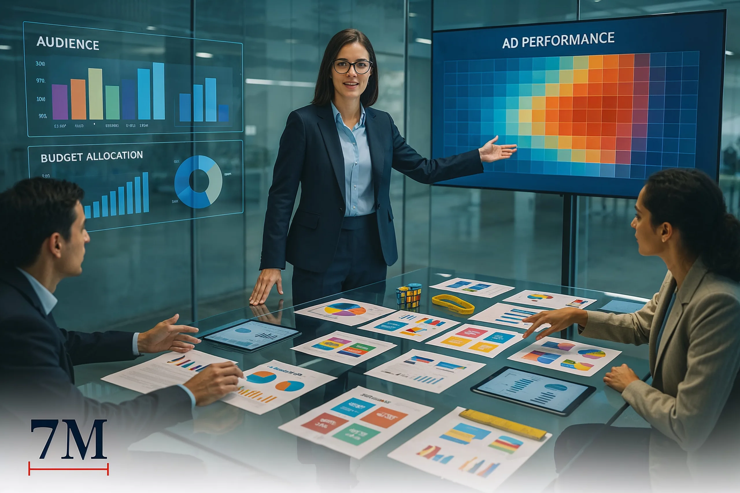A businesswoman in a marketing strategy room, surrounded by campaign budget charts, digital dashboards, and optimization visuals, leading a team discussion.