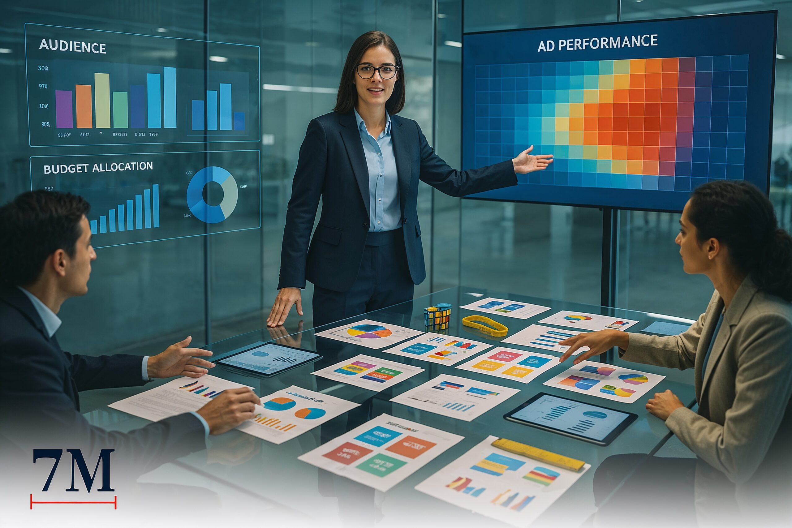 A businesswoman in a marketing strategy room, surrounded by campaign budget charts, digital dashboards, and optimization visuals, leading a team discussion.