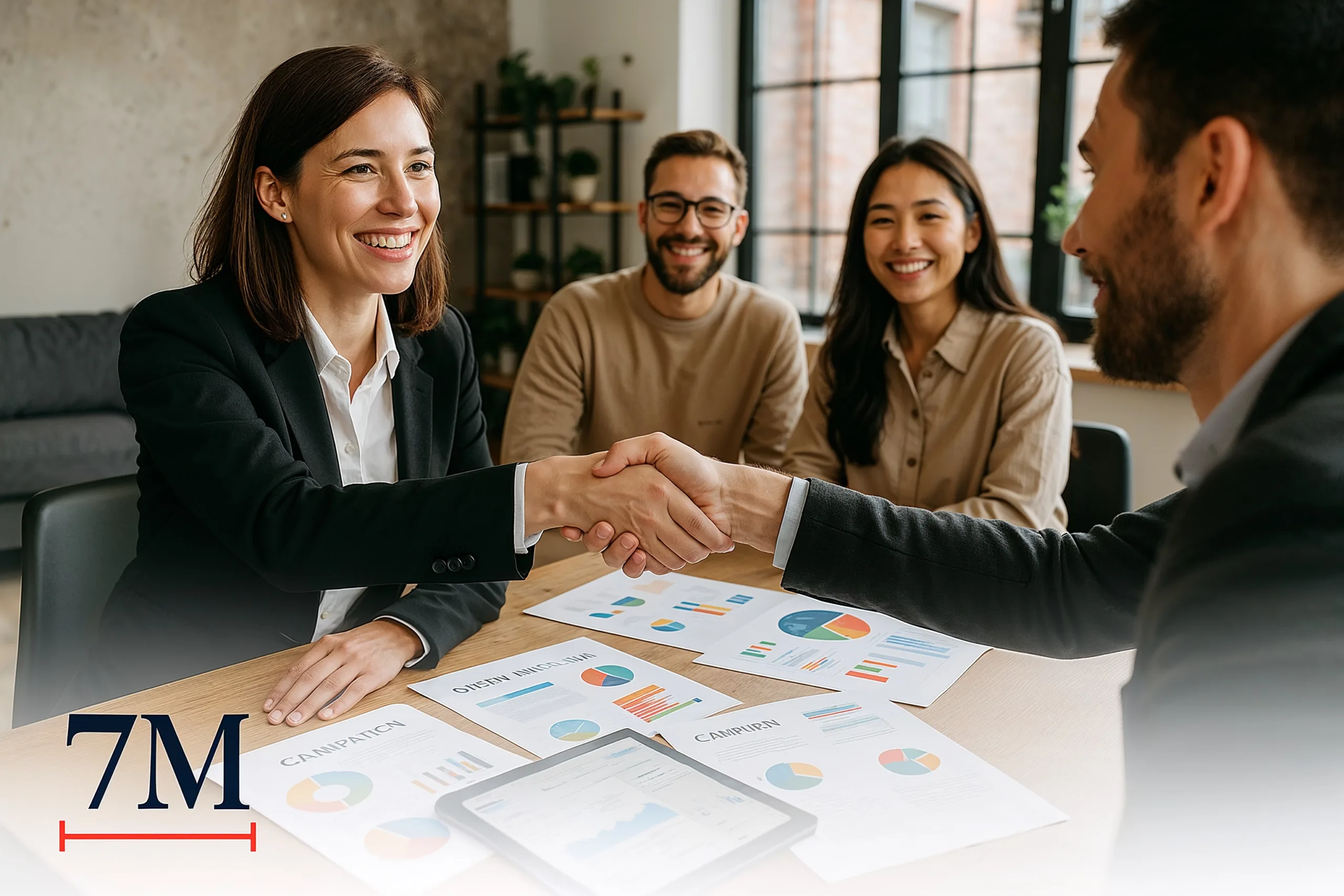 Business professionals shaking hands during a media buyer hiring meeting in a creative agency office, with campaign materials on the table.