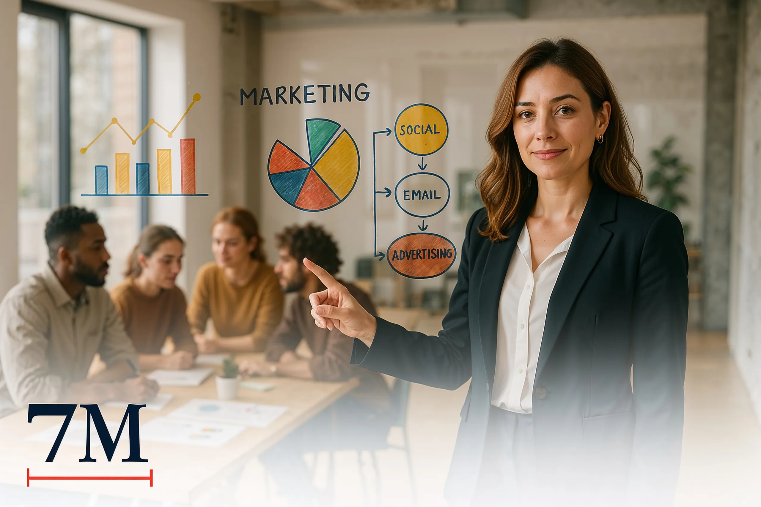 Businesswoman presenting data-driven marketing strategies on a glass board in a creative agency workspace.