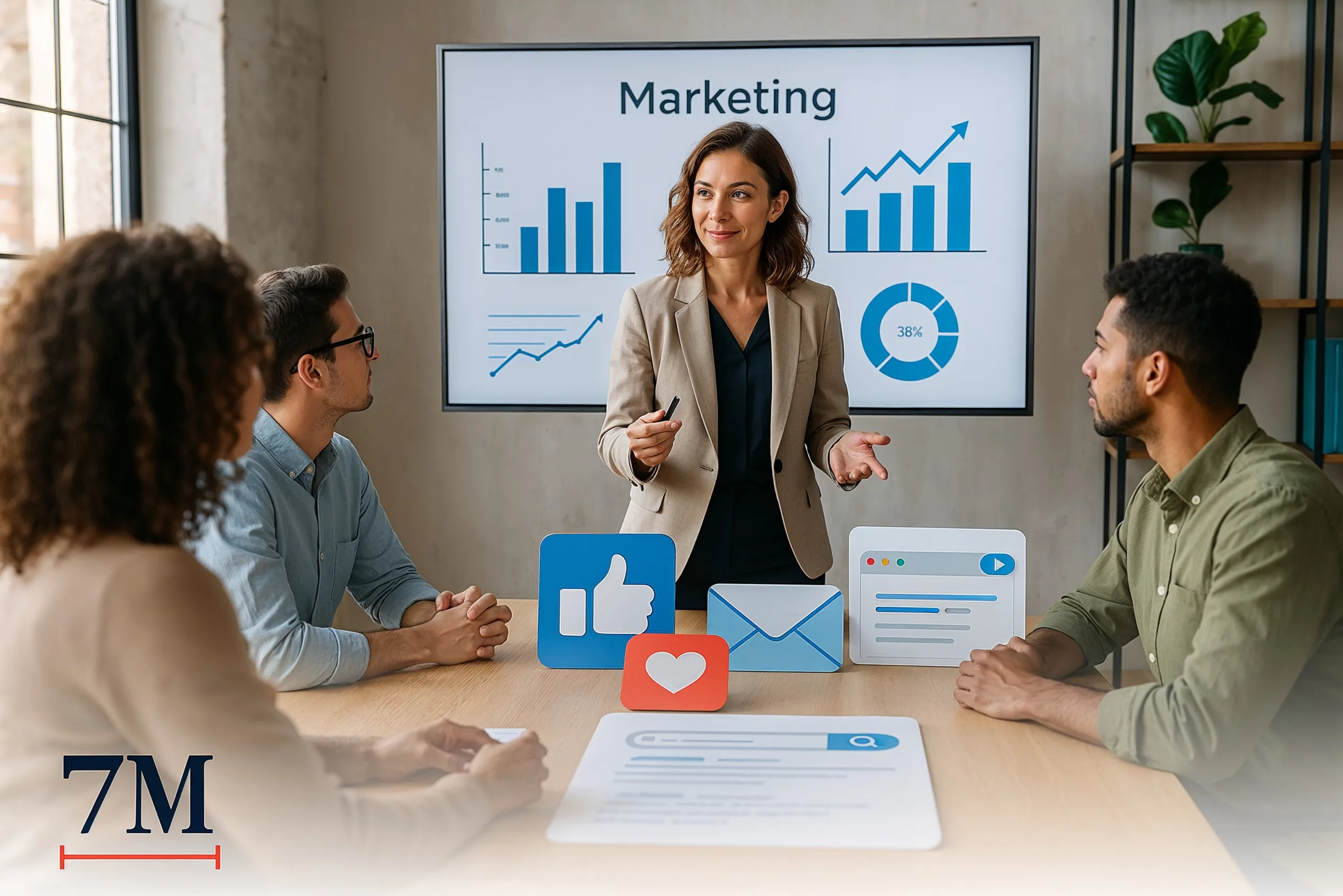 Businesswoman presenting marketing strategy to a team with visual representations of digital marketing channels in a modern office.