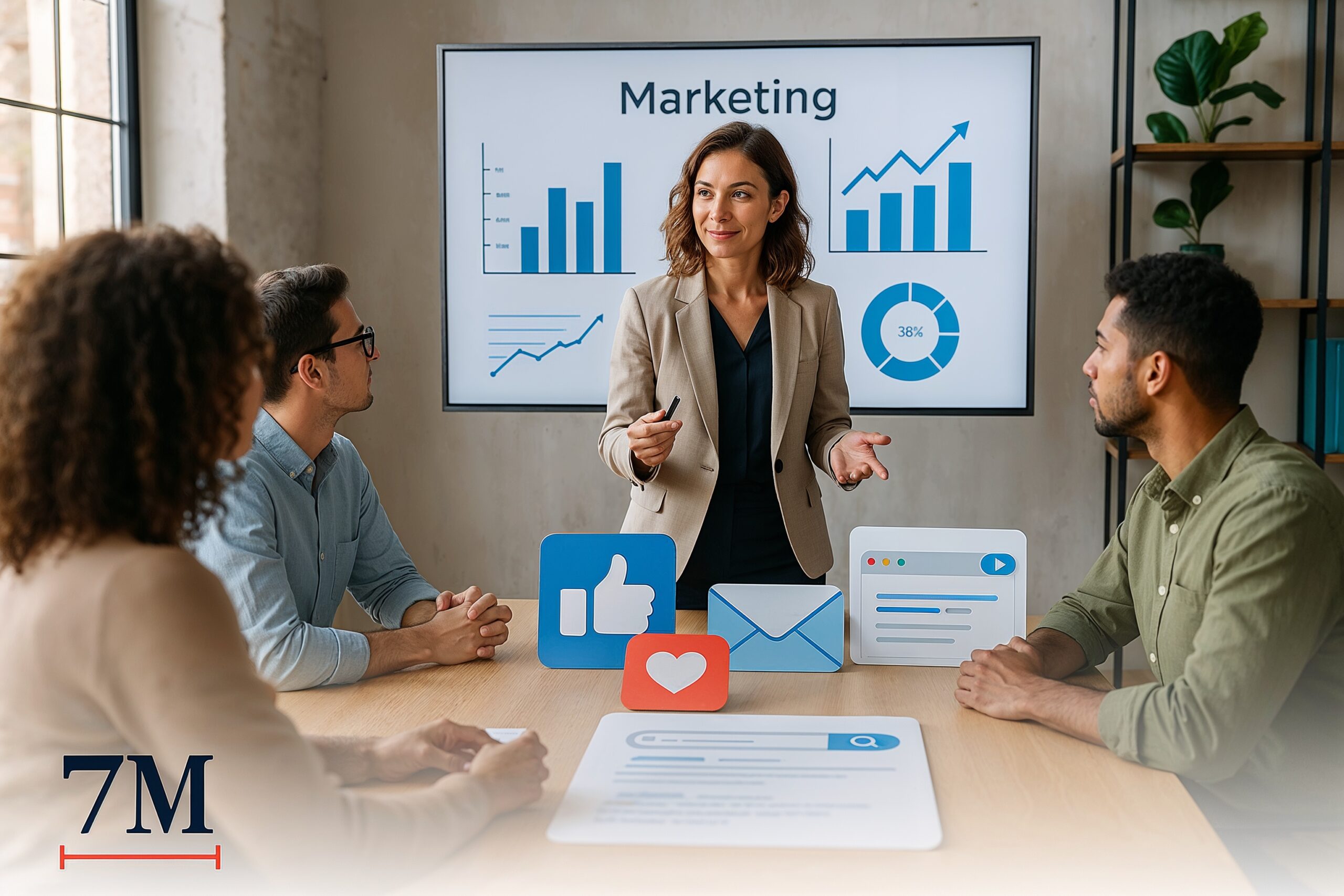 Businesswoman presenting marketing strategy to a team with visual representations of digital marketing channels in a modern office.