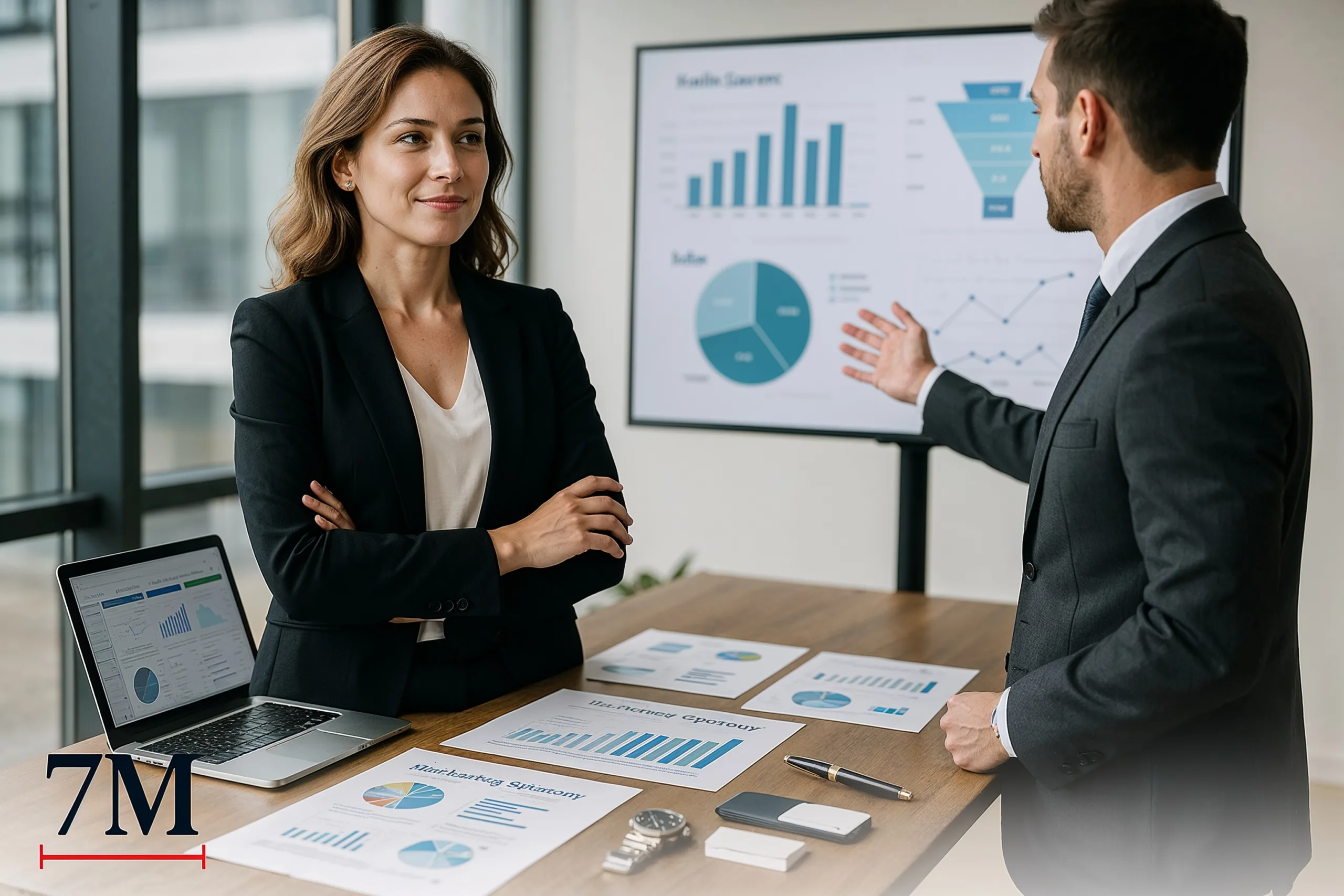 Confident business professionals reviewing ad platform strategies for high-ticket offers in a modern workspace.