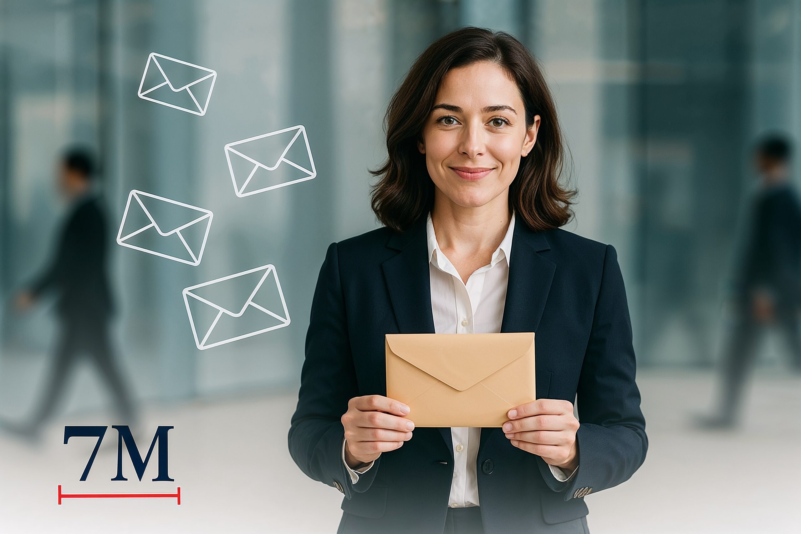 Professional woman holding an envelope in a modern office, symbolizing email re-engagement strategy