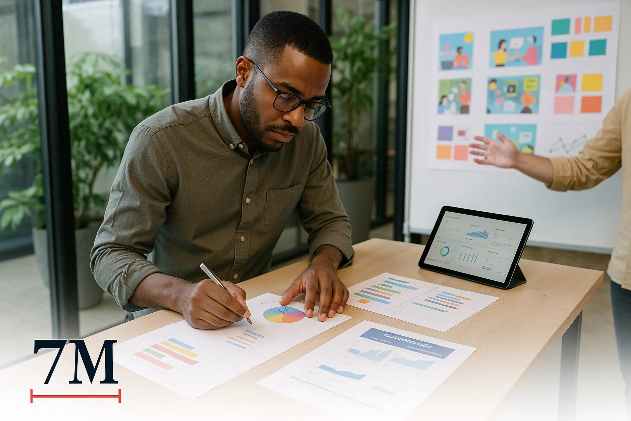 A professional marketer reviewing Facebook ad performance reports and creative storyboards in a modern, collaborative workspace.