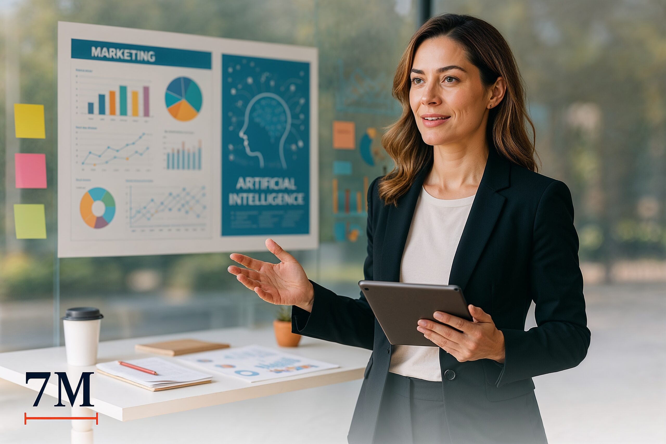 Businesswoman in a creative workspace surrounded by AI data visualizations, marketing dashboards, and collaborative tools.