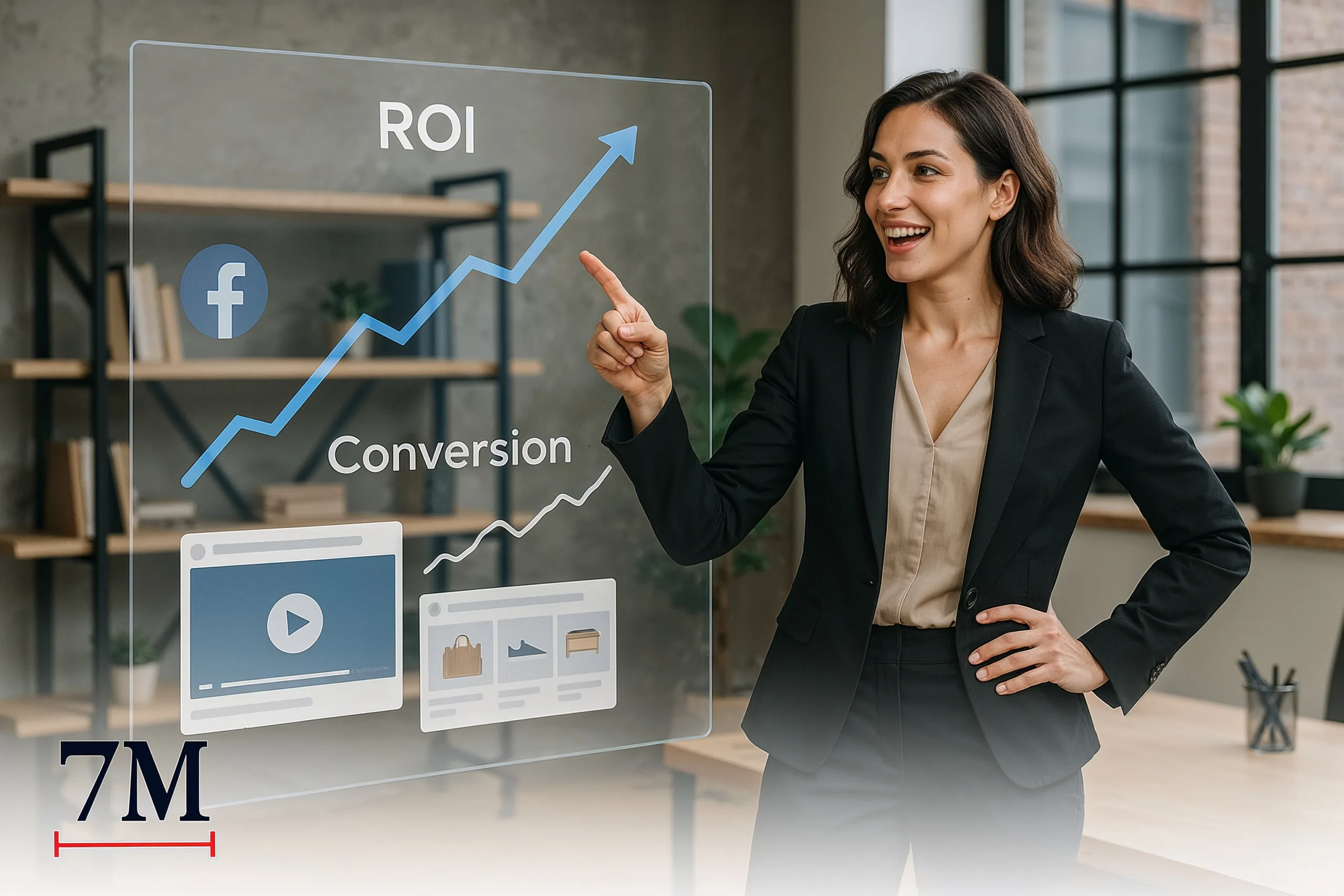 Business professional presenting Facebook ad ROI and conversion metrics on a digital display in a modern marketing office.